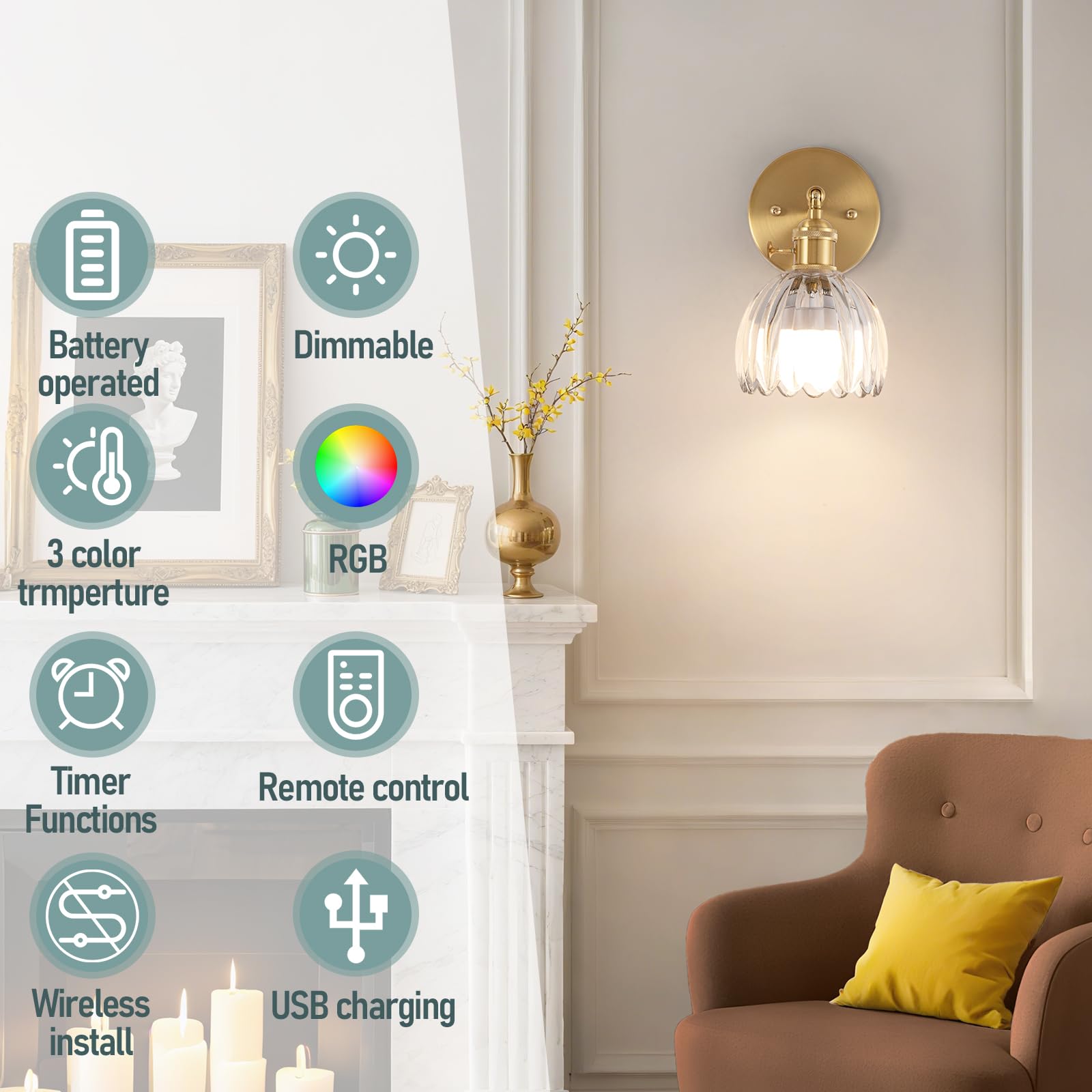 EIDEARAY Vintage Battery Operated Wall Sconce with Transparent Tulip Glass Lampshade, Remote Control, Model YLC-BRO3TB