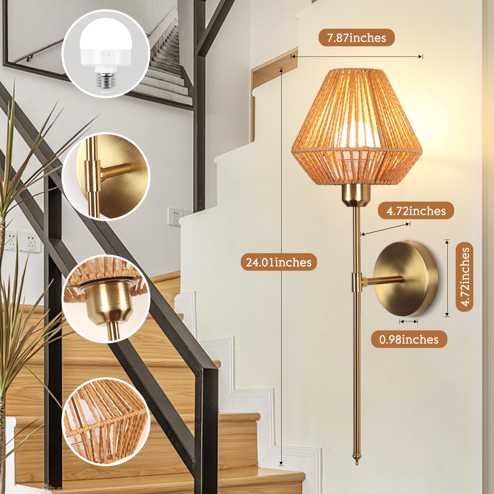 Battery Operated Wall Sconce Set of 2, Rattan Rechargeable Wall Light Dimmable with Remote Control, 15 Color Changing and Timer,