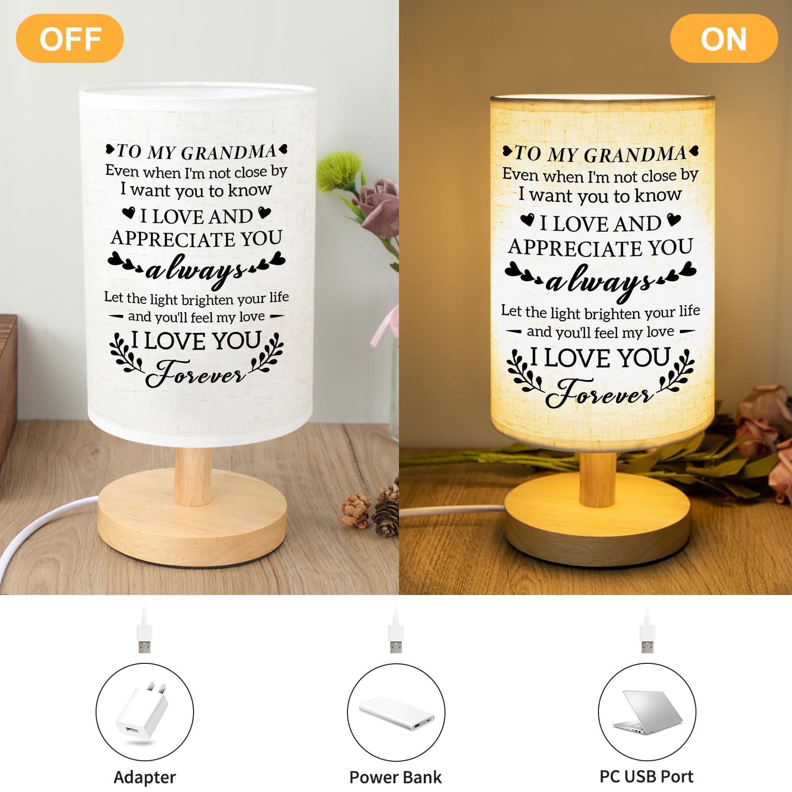 Calibron Table Lamp for Grandma - Unique Birthday Gift with Wooden Stand, White Fabric Shade, Model KKJJ04331