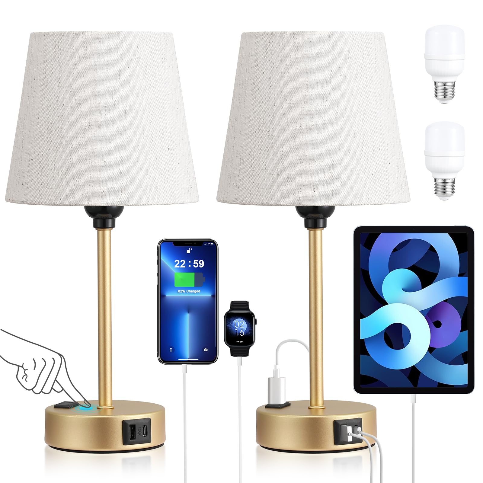 Acaxin Lamp For Bedrooms Set Of 2 - Nightstand Bedroom Lamp With Usb C Port And Ac Outlet Charging, 3 Way Dimmable Touch Control