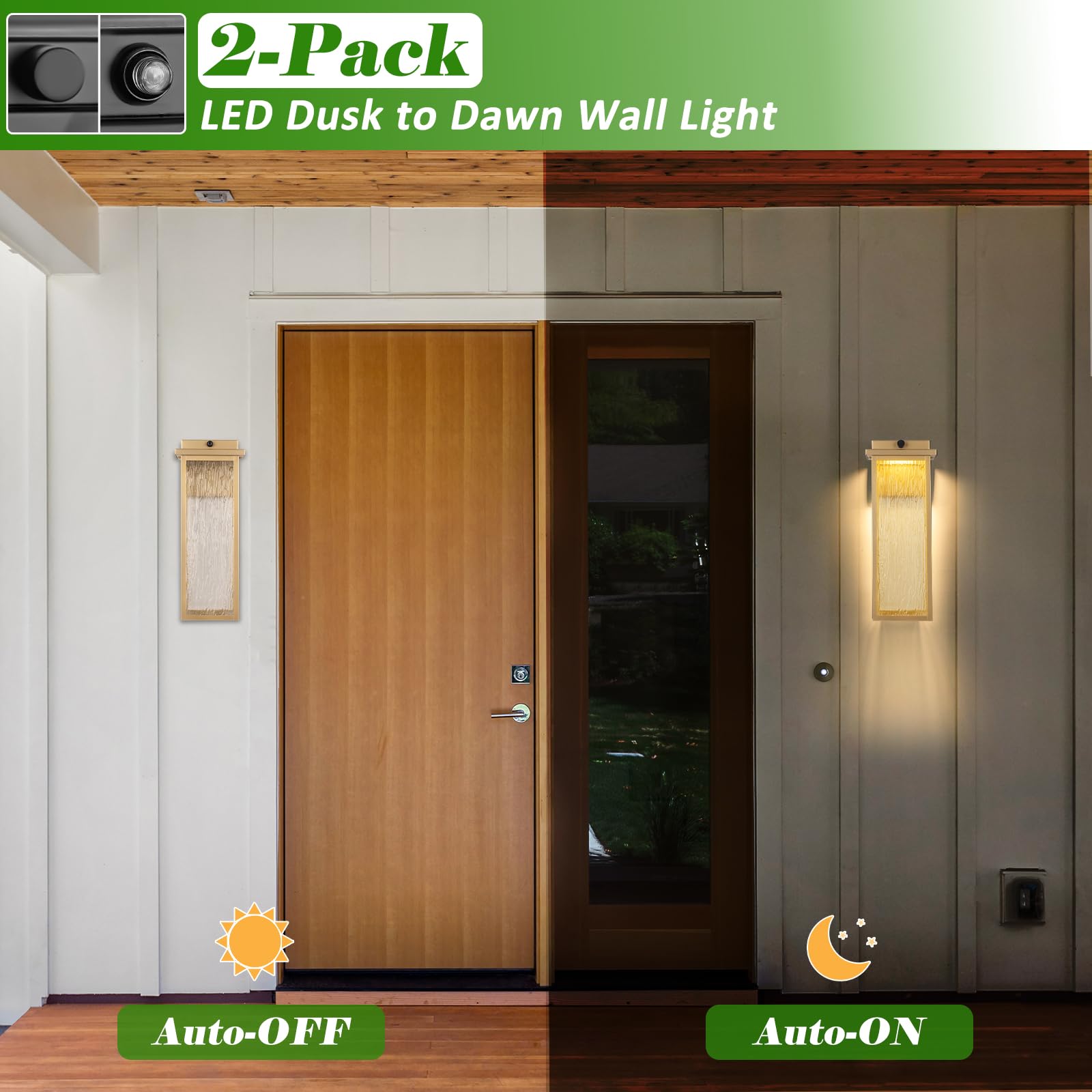 Venzblomia 16" Dusk To Dawn Led Outdoor Light 2 Packs, Gold Outside Porch Lights Wall Mount, Large Exterior Lighting Fixtures With Rippled Glass, Waterproof Modern Wall Lantern For House, Patio