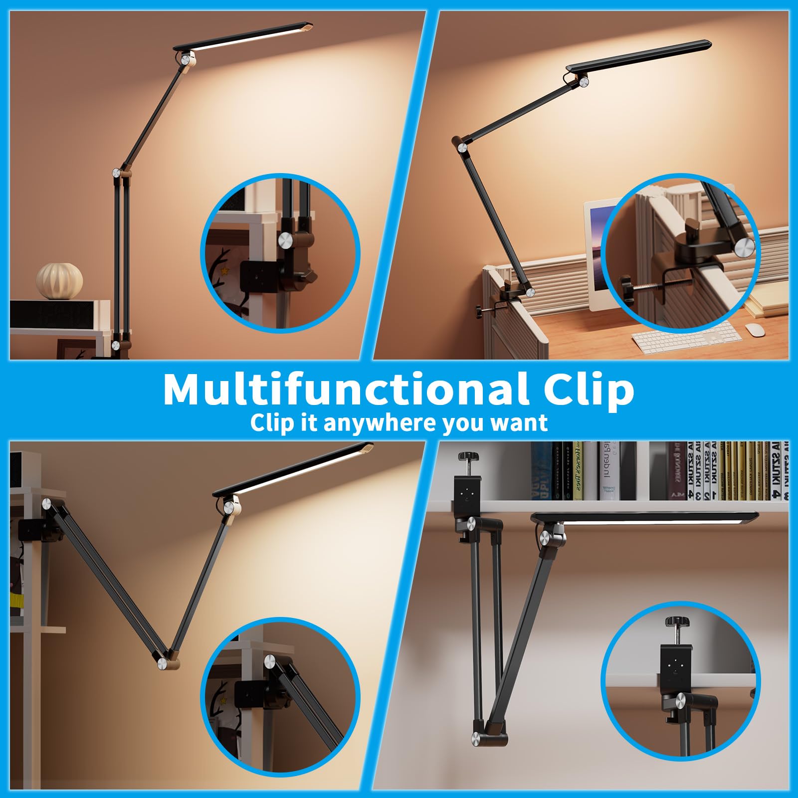 Reifeiniwei Desk Lamp with Clamp for Home Office,Knob Stepless Adjusts Brightness&8 Color Eye Caring LED Work Light,Clip on Tabl