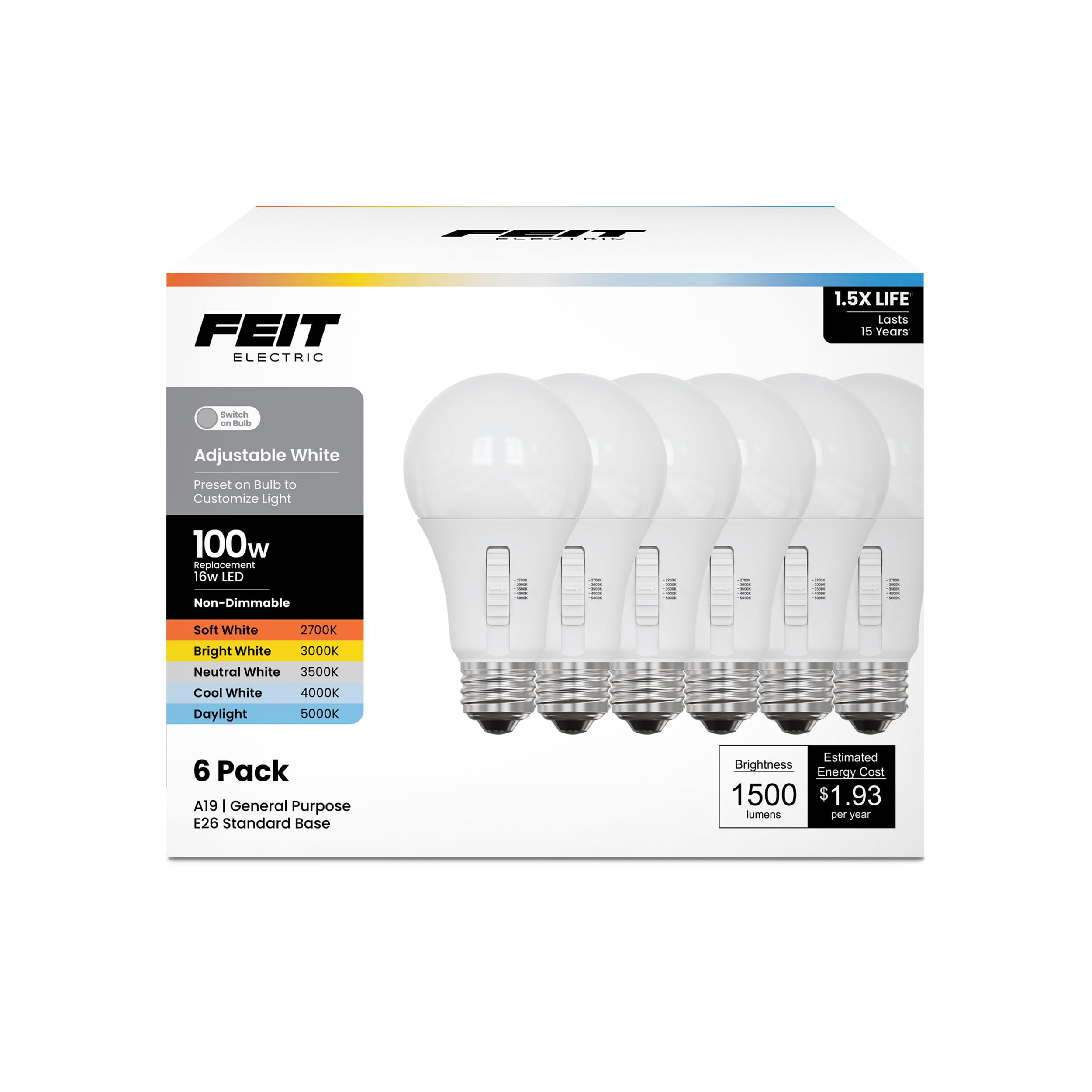 Feit Electric A19 Led Light Bulb, 100W Equiv, Non-Dimmable, Selectable Color Temperatures (2700K-5000K), 1500 Lumens, General Pu