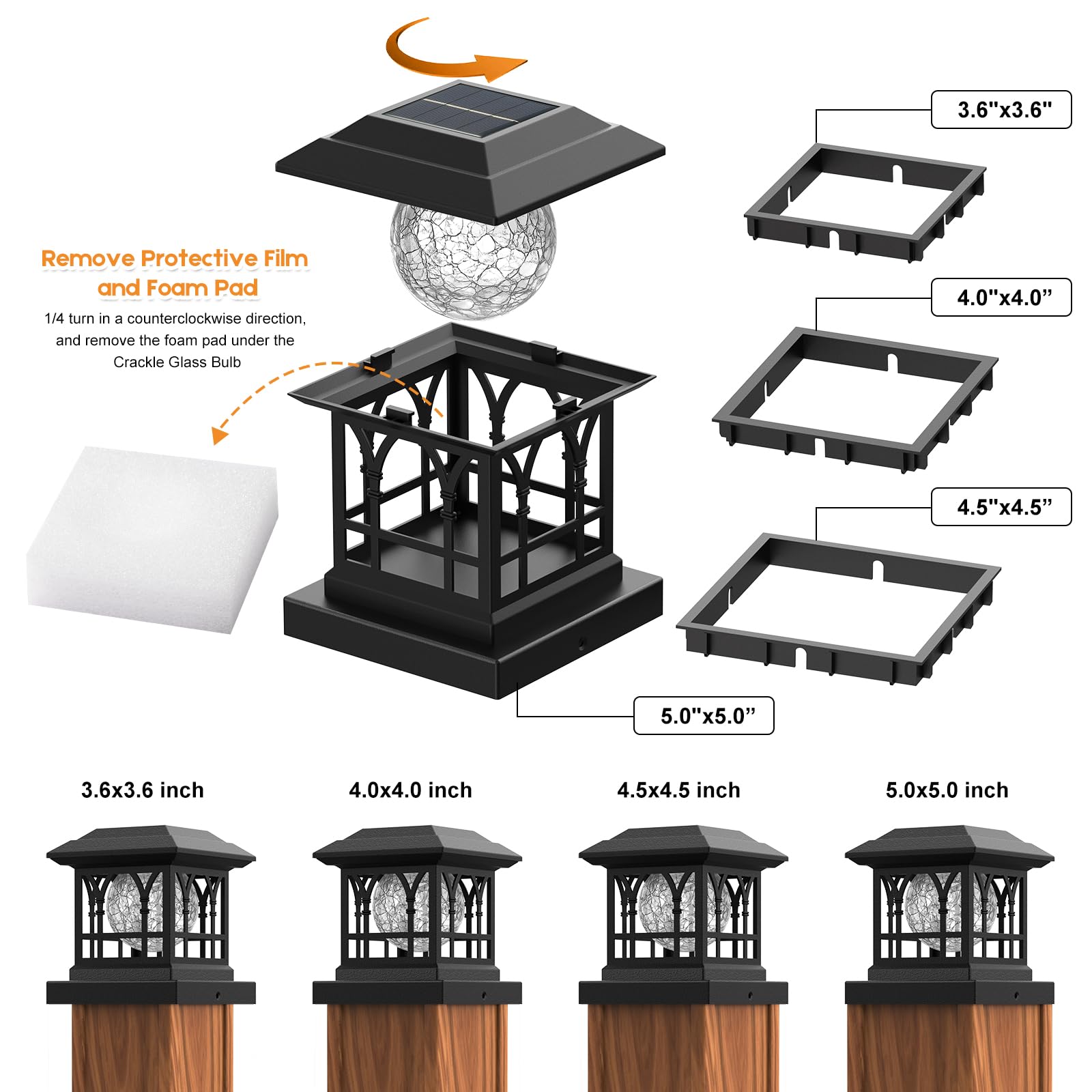 Aeyanzz Fence Post Solar Lights, Crackle Glass Solar Post Cap Lights, 20 Lumens, Warm White & Rgb Automatic Cycling 2 Modes For