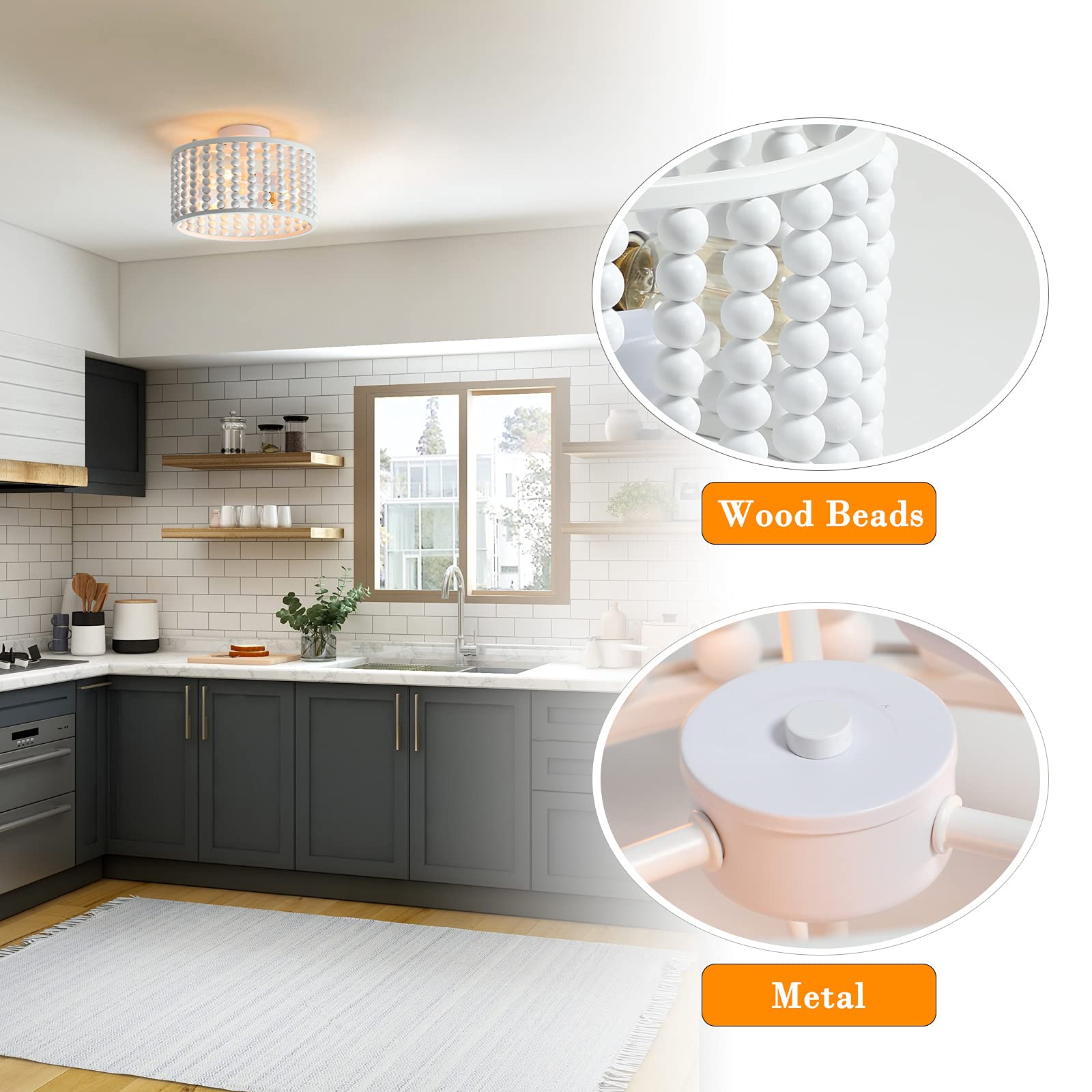 Tewei Wood Bead Chandelier, Rustic Semi Flush Mount Light Fixture For Boho Nursery & Home