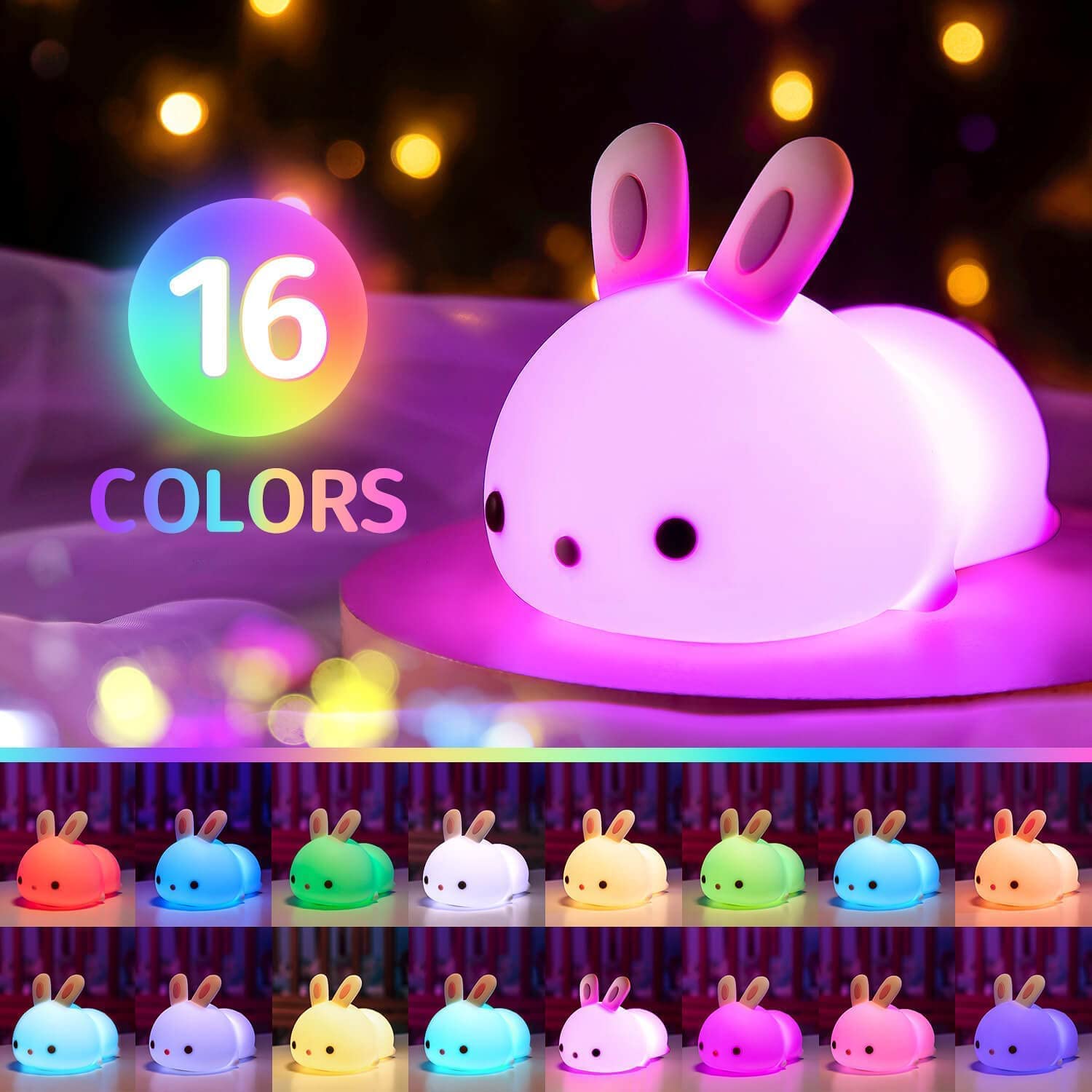 Mubarek Bunny Night Light, Dimmable Silicone, 16 Colors, Tap Control, Rechargeable, White, Basic Size
