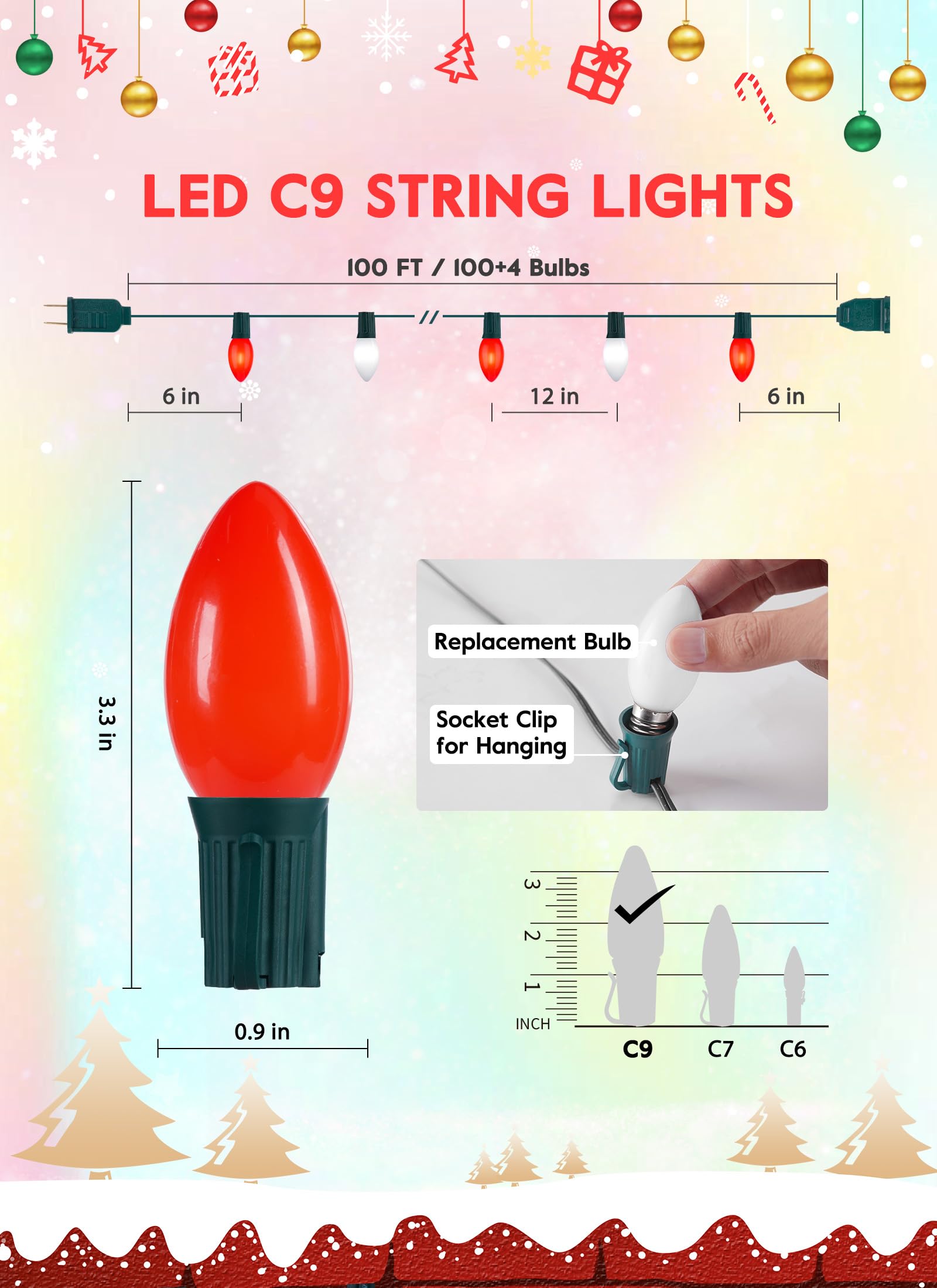 Minetom C9 LED Christmas Lights, 100FT Outdoor String Lights, Shatterproof Matte Bulbs, Red & Pure White, Waterproof, Model GYPC-O25LAU