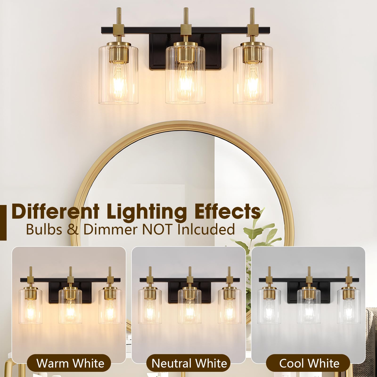 Asnxcju 3-Light Vanity Light Fixtures, Black and Gold, Textured Glass Shade, Model TGSWS-BG-3-LIGHT
