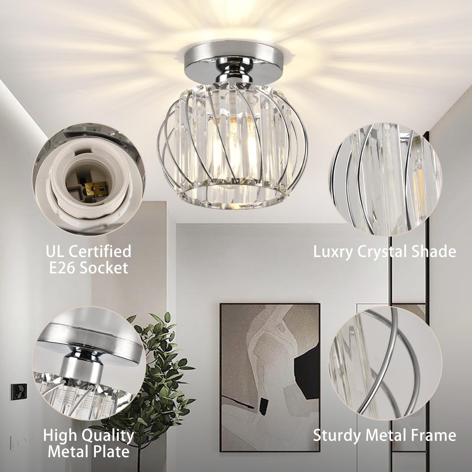 Ztuoyong Crystal Semi Flush Mount Ceiling Light, Silver Crystal Chandelier For Kitchen, Hallway, Dining Rooms, Living Rooms, Bar