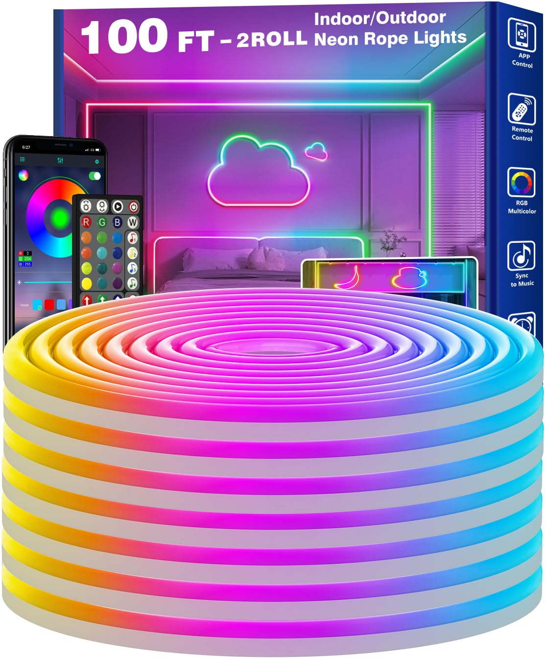 Chargeable Rope Light RCUICA 100FT LED Neon Rope Lights, Waterproof, Smart App Control, RGB ...