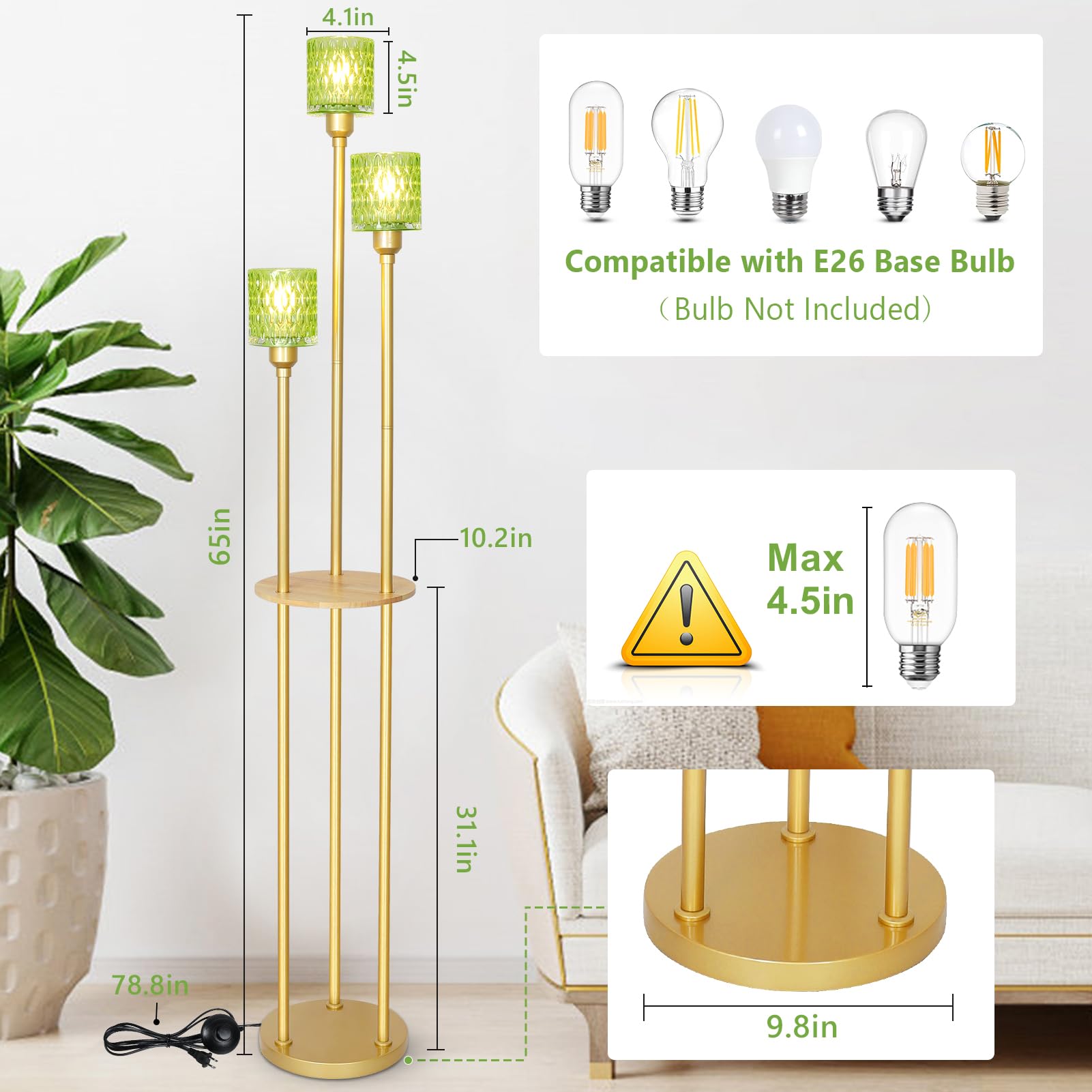 HMVPL Vintage Floor Lamp with Green Glass Shade, Gold Metal, Mid Century Design, Model 250404A1, Perfect for Living Room or Bedroom