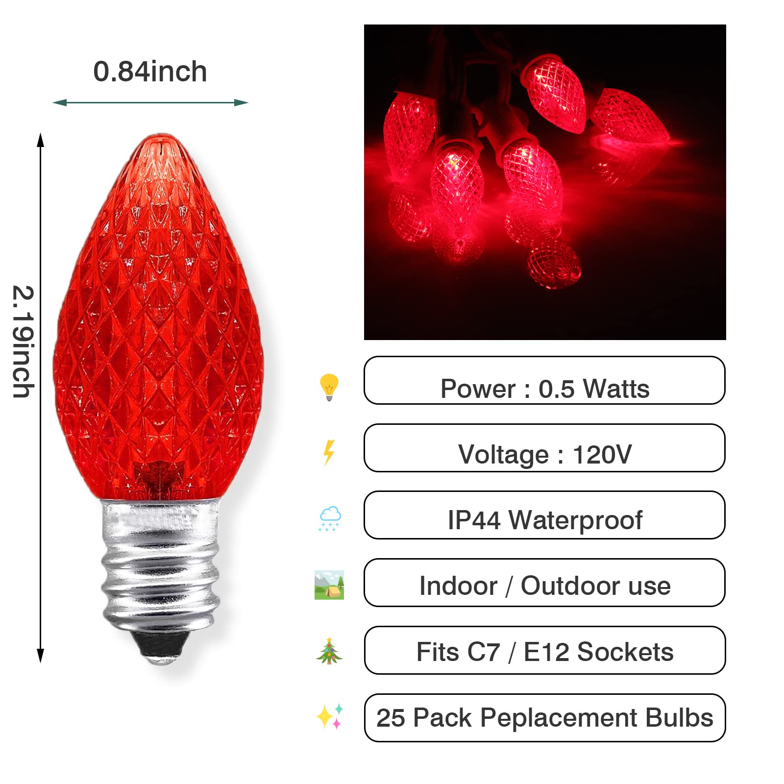 Aniai C7 LED Christmas Light Bulbs, 25 Count, E12 Base, Red, Outdoor String Lights, Commercial Grade