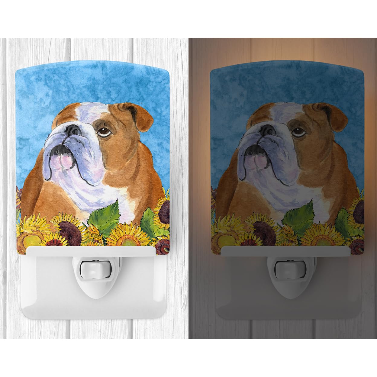 Caroline'S Treasures Ss4125Cnl Bulldog English In Summer Flowers Ceramic Night Light Compact, Ul-Certified, Ideal For Bedroom, Bathroom, Nursery, Hallway, Kitchen, 6X4X3, Multicolor