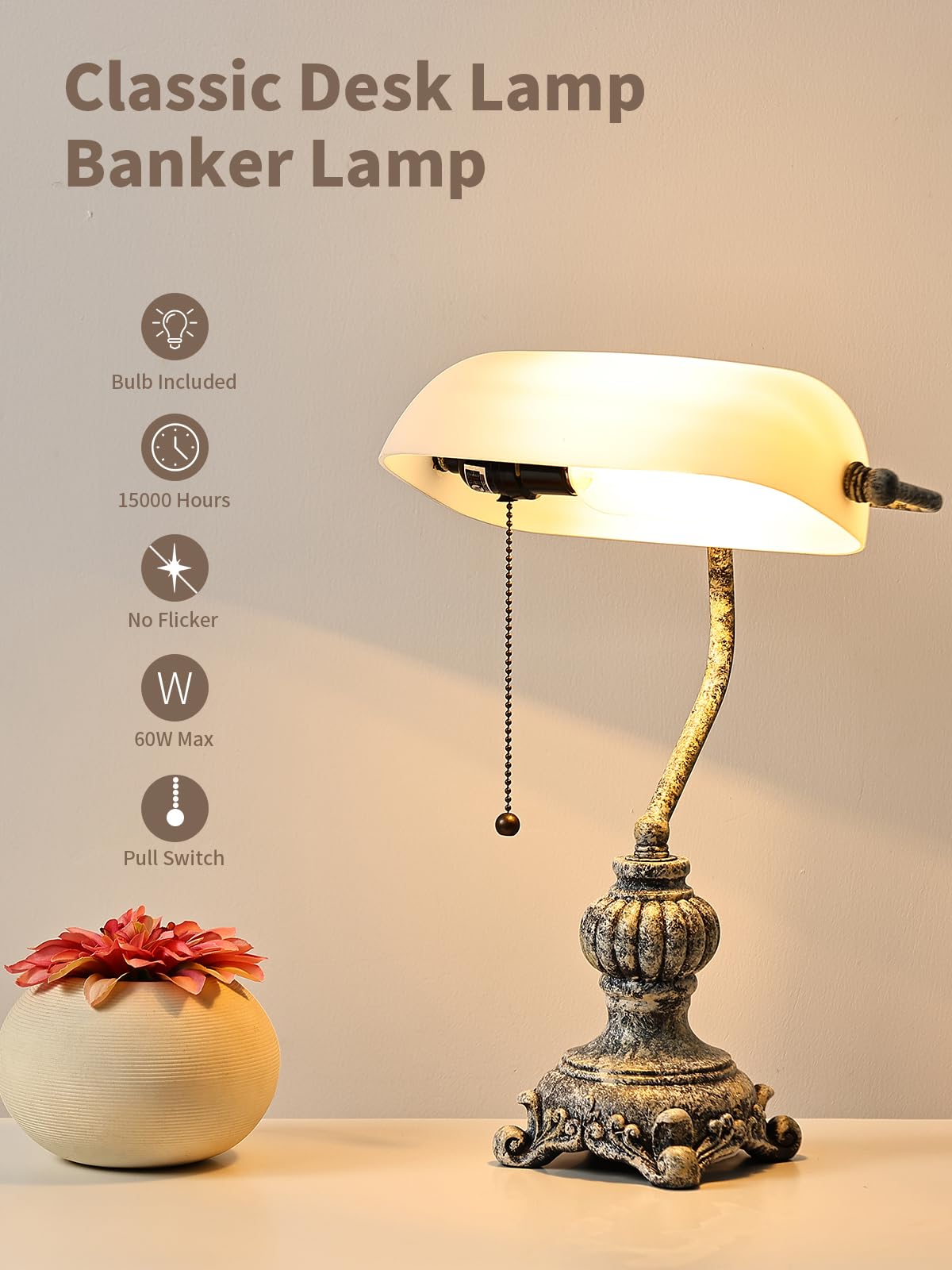 Newrays Retro White Matted Glass Bankers Desk Lamp For Home Office,Library With Pull Chain Switch Plug In Fixture, Led Bulb Incl