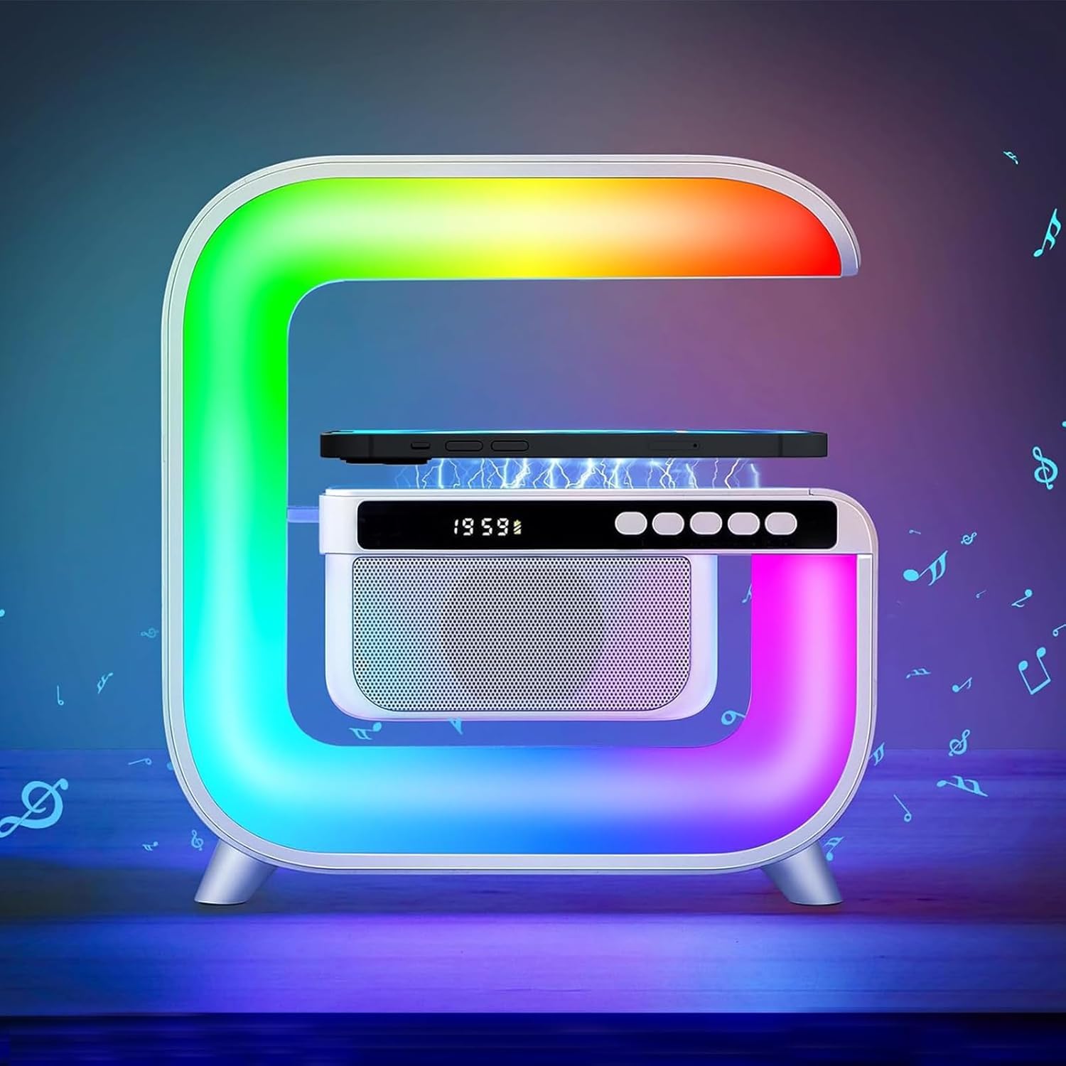 Table Lamp with Hi-Fi Bluetooth Speaker, Bedside LED Lamp with Up to 15W Qi Wireless Charger, Color Changing Mood Lamp with Alar