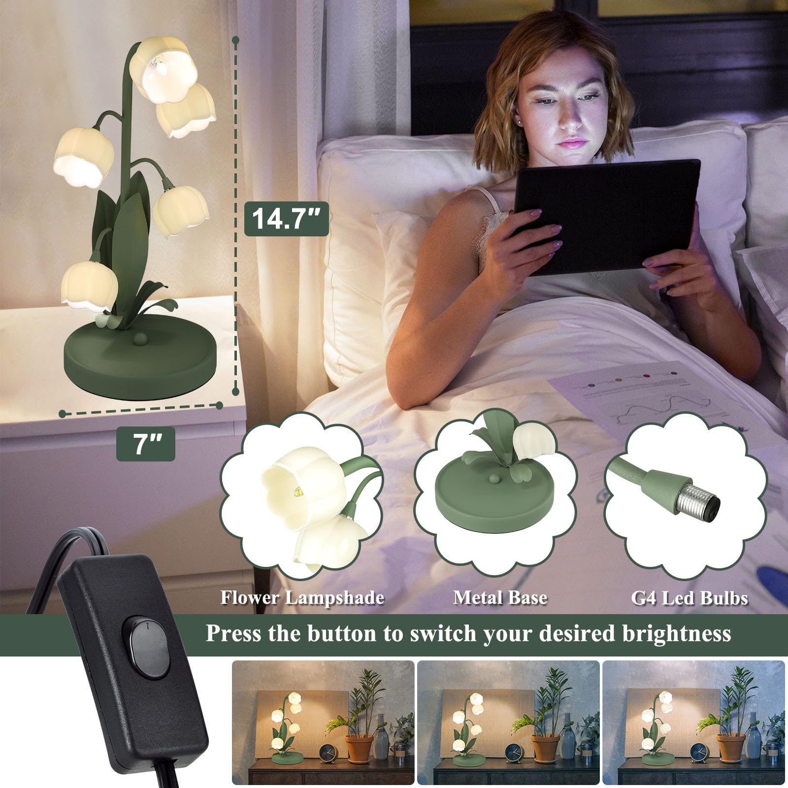 Guiguzhj Flower Table Lamp, 3 Level Brightness Vintage Flower Reading Light With E26 Bulb, Cute Desk Lamp Bedside Lamps Lily Lam