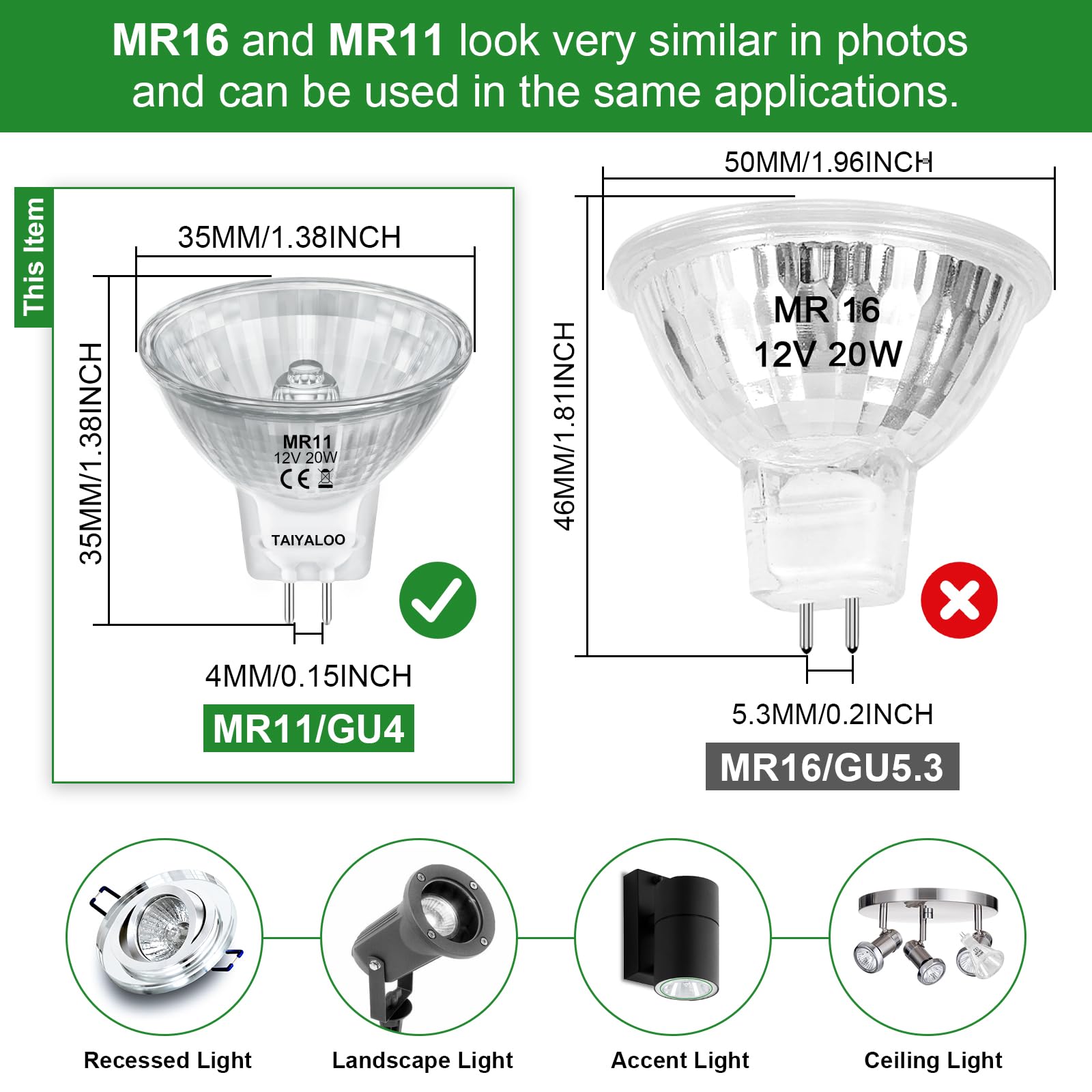 TAIYALOO MR11 12V 20W Halogen Spotlight Bulbs, GU4 Bi-Pin, Warm White, Dimmable, 2 Pack