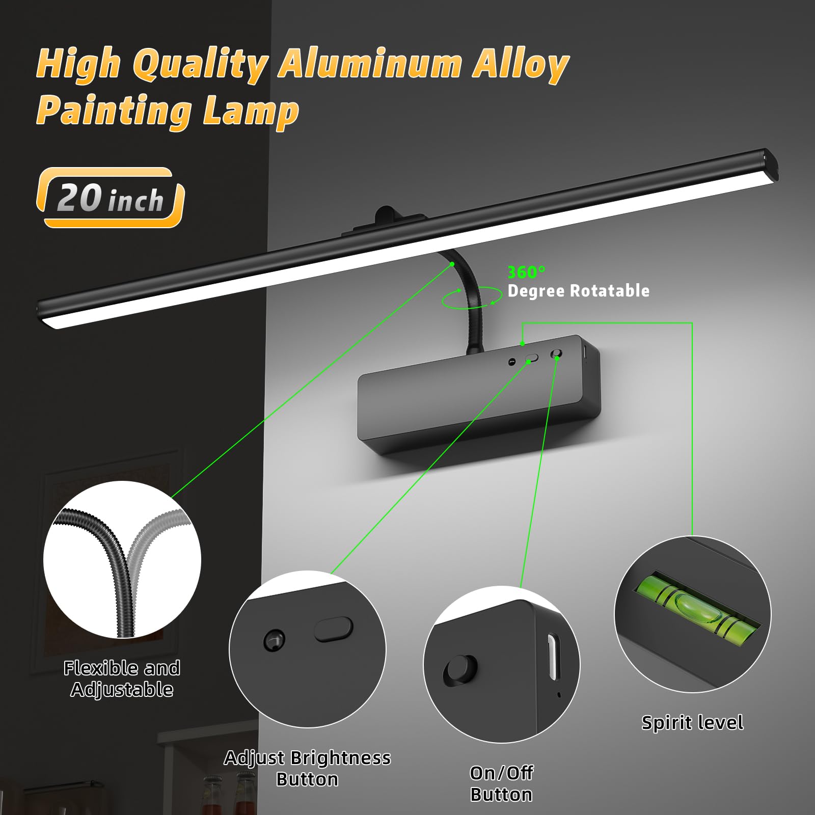 Picture Light With Remote, 20Inch Wireless Rechargeable Battery Wall Light For Paintings, 3 Colors Paintings Light Dimmable And Timer Metal Art Light For Display, Wall, Artwork, Gallery (Black)