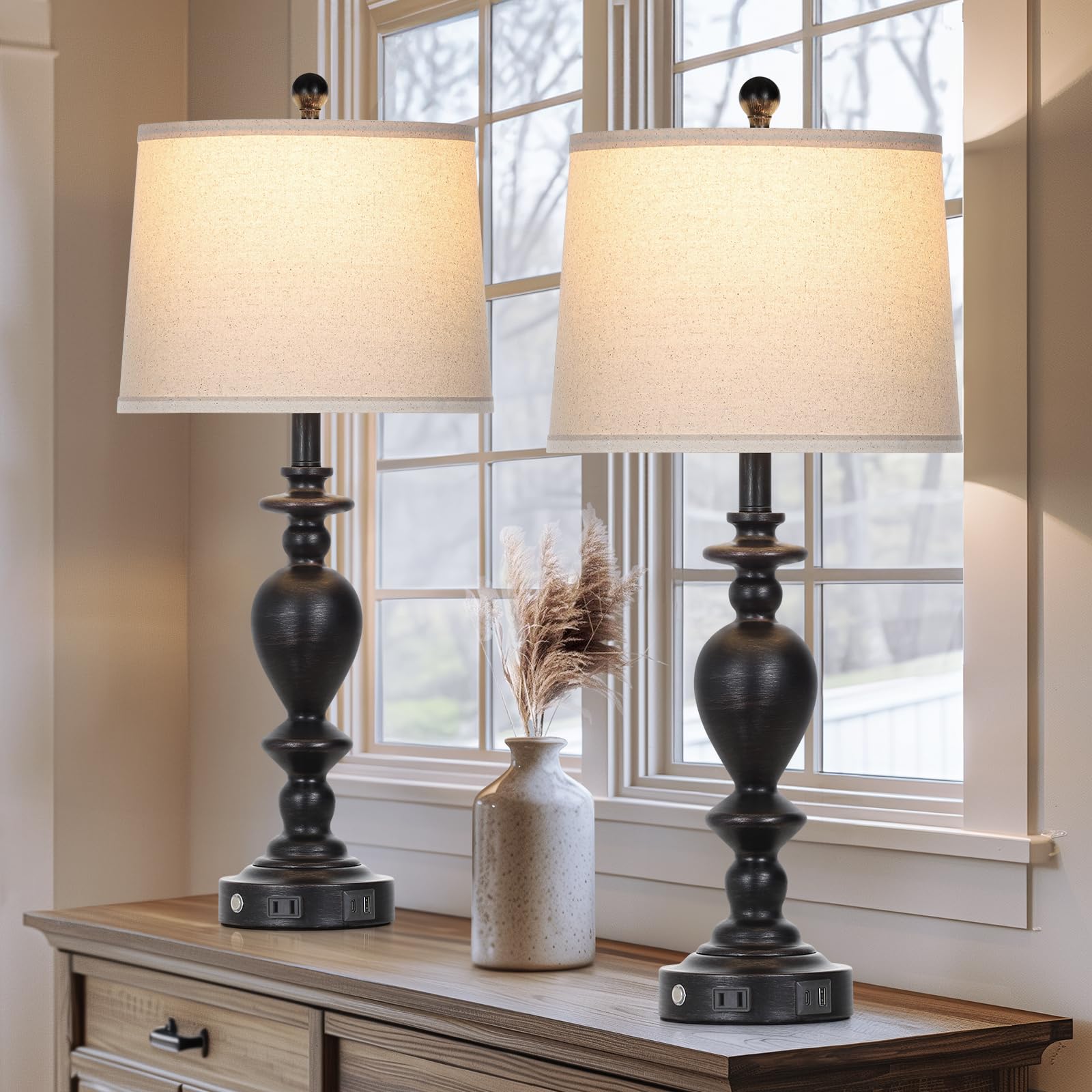 Cinkeda 28" Black Farmhouse Table Lamps Set of 2 - 3-Way Dimmable Touch, USB Ports & AC Outlet for Vintage Living Room & Bedroom