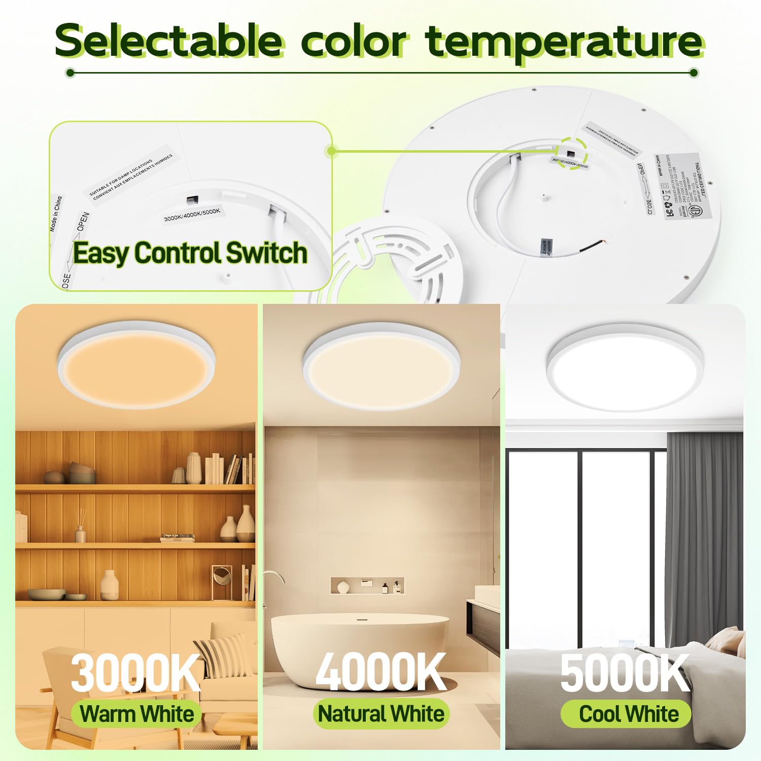 Hykolity 9 Inch Selectable Cct Led Round Flat Panel Light  18W 1800Lm 3000K/4000K/5000K  Edge-Lit Flush Mount Ceiling Light Fixture For Kitchen  Bedroom  Laundry And Closet Room  White