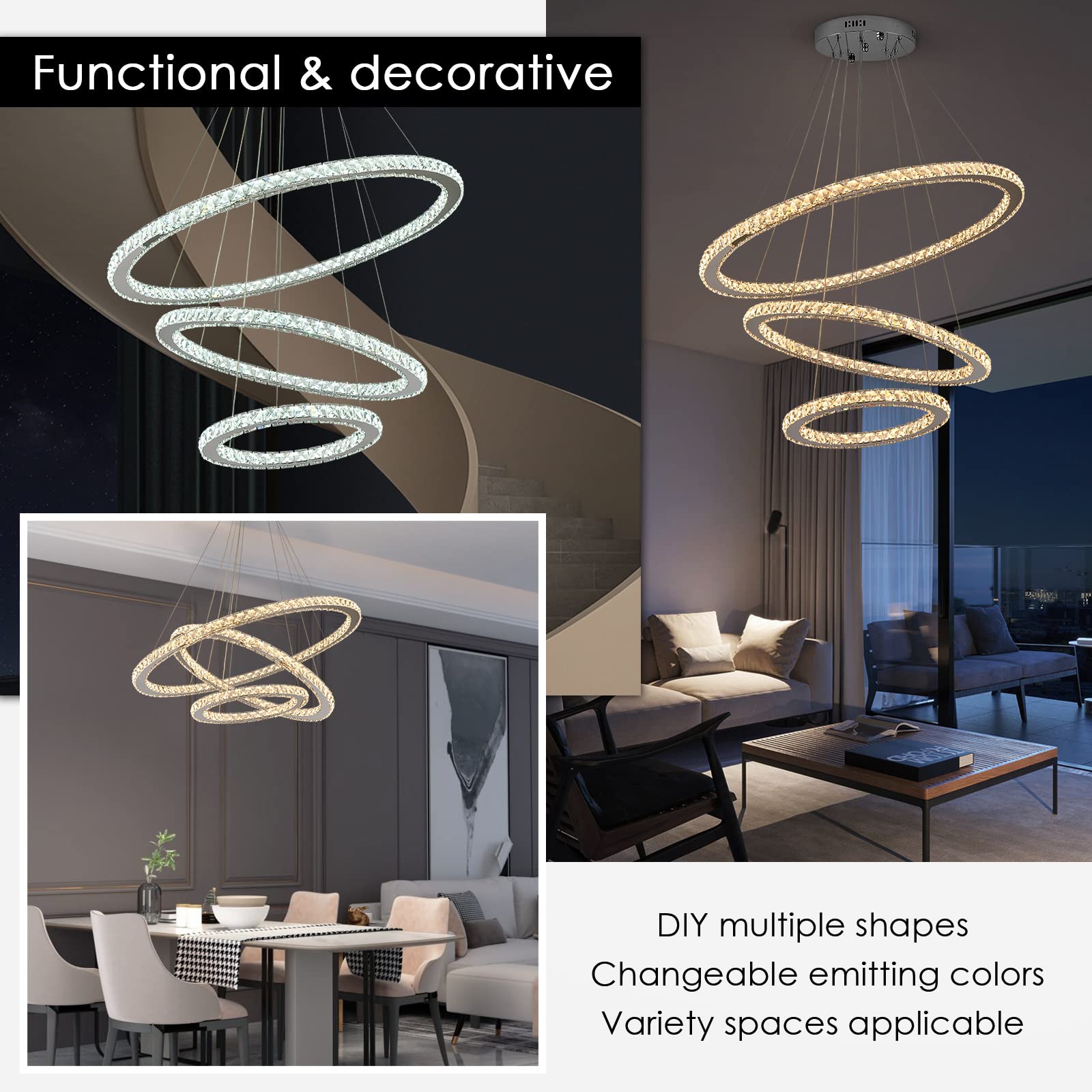 Siljoy LED Chandelier - Modern 3-Ring Ceiling Light Fixture, Adjustable, 3-Color Changing, Clear, D 12in-20in-28in, Model Siljoy102