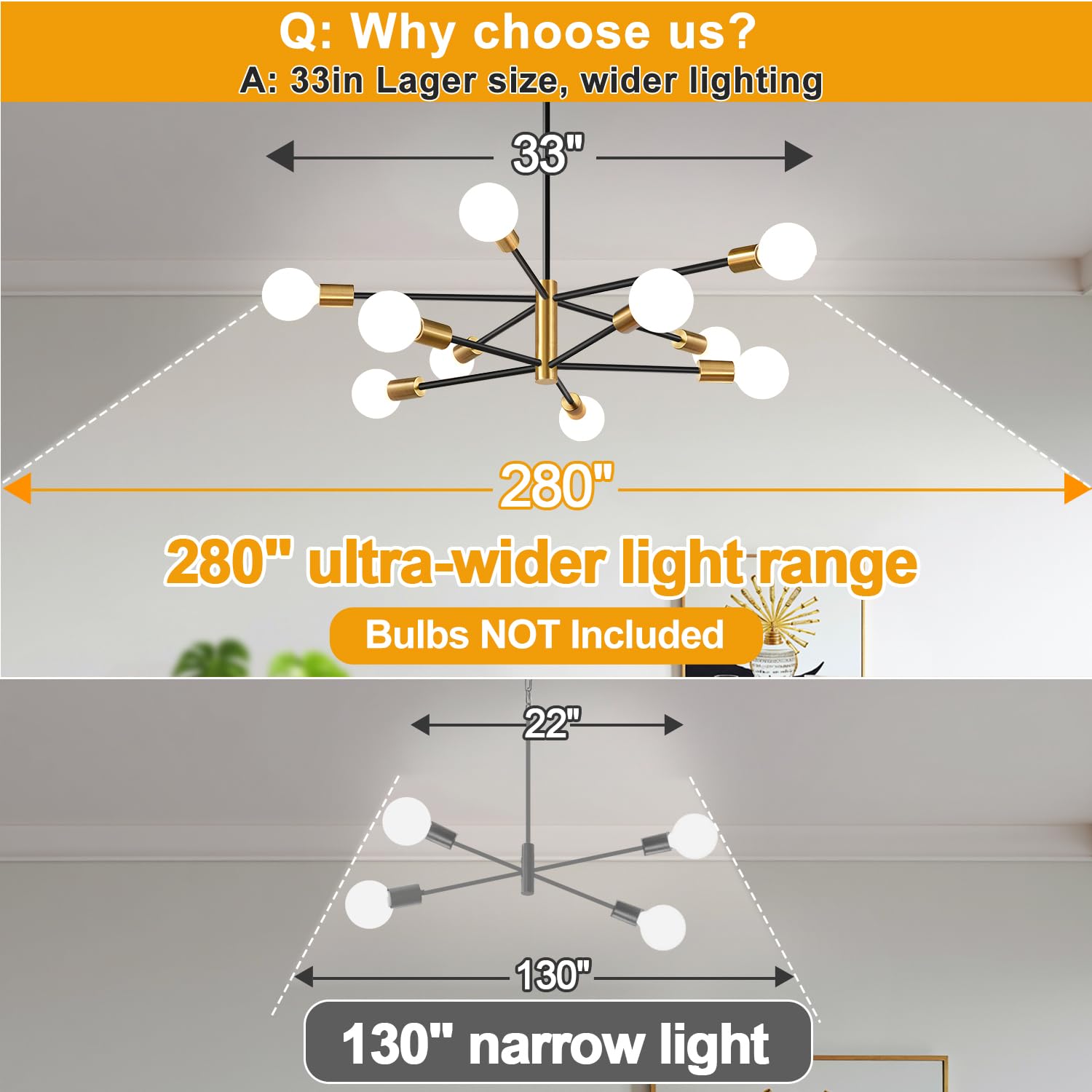 33'' Modern Chandelier Ceiling Light Fixture, 10-Light Sputnik Chandeliers Gold And Black Dining Room Light Fixture, Height Adju
