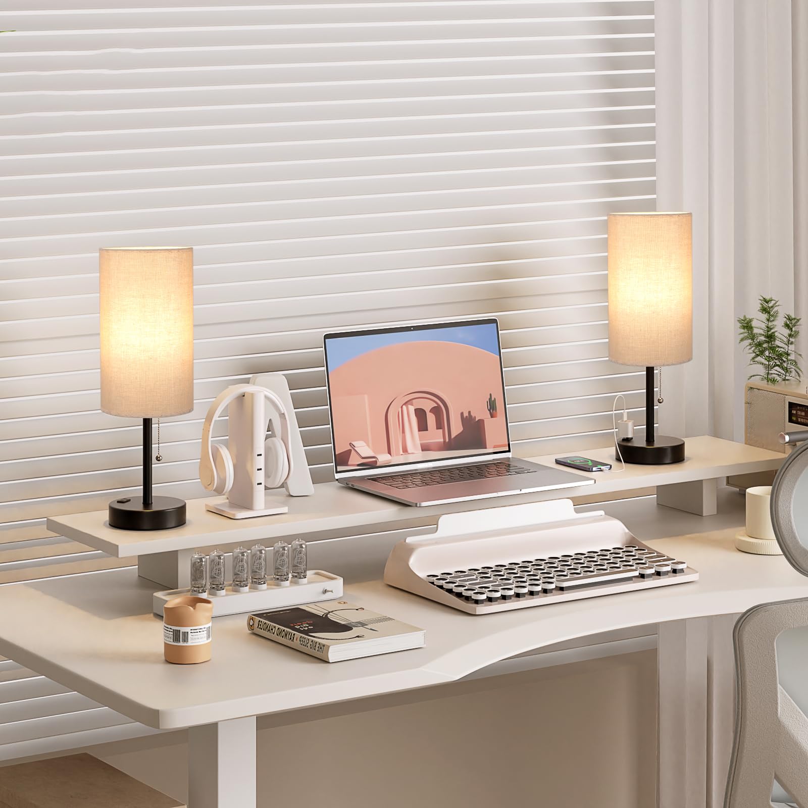 Fenmzee Plus Beige Bedside Table Lamps Set Of 2-3 Color Temperatures Pull Chain Lamp With Ac Outlet Charging Port, Two Round Nig