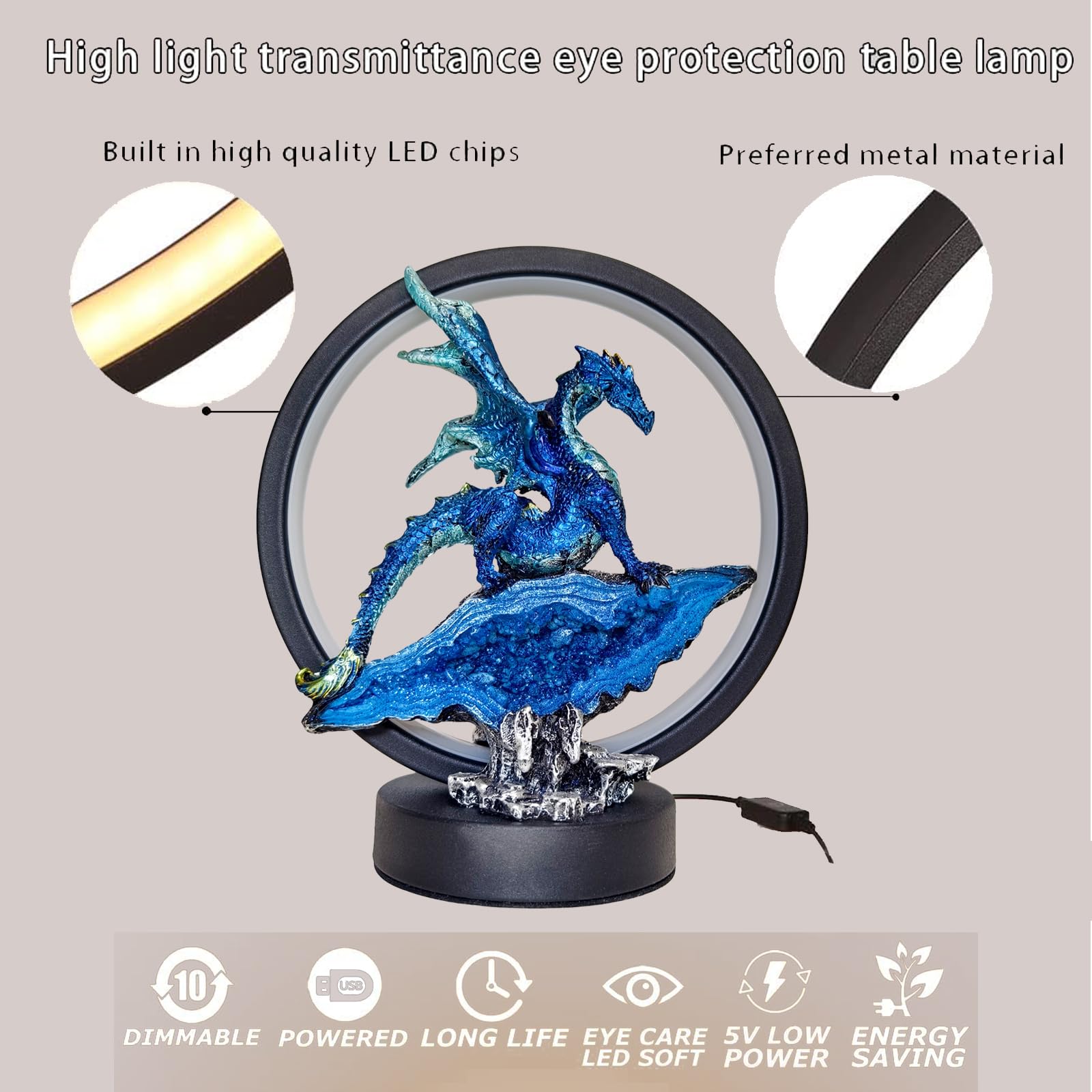 Hmusnwol Dragon Lamp Statue Decor-Collectible Light Gifts - Light Up Led Collectible Blue Dragons Statue Dungeons And Dragons Gi