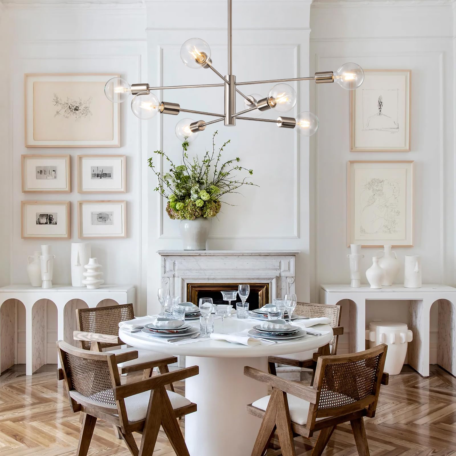 Kaisite Modern Chandelier Ceiling Light Fixture Brushed Nickel Sputnik Chandeliers For Bedroom Living Room 8-Light Height Adjust