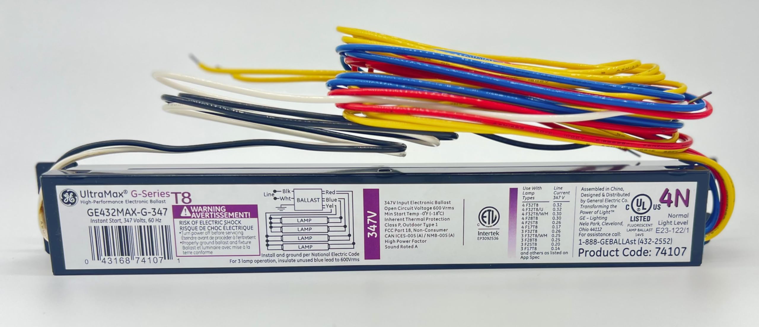 GE 74107 ProLine Electronic Fluorescent T8 Ballast for 4 or 3 F32T8 Lamps, 347-Volt, Copper Material