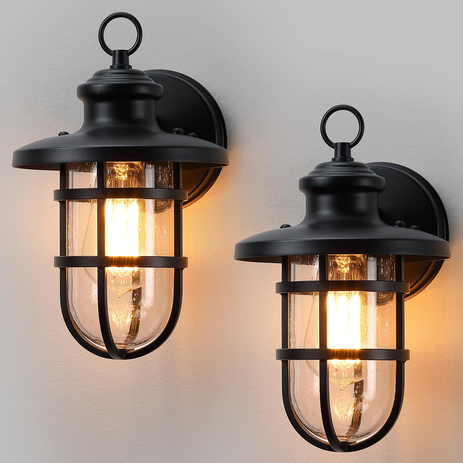 YKLITG 2 Pack Porch Light Outdoor Wall Mount, Outside Wall Sconce Lighting Fixture with Seeded Glass, Sand Black Waterproof Exte