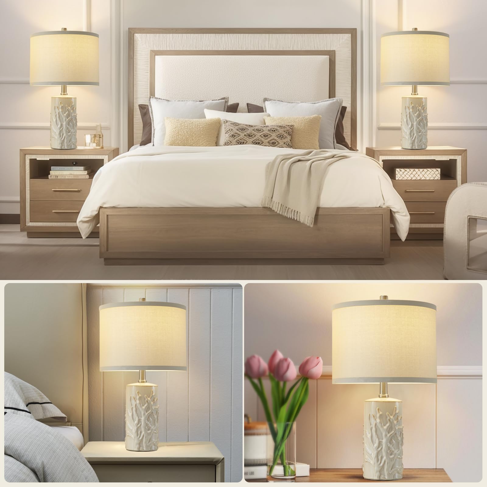 Vintage Farmhouse Table Lamp Set Of 2, Tree Trunk Grain Nightstand Lamp With Eye-Protecting Fabric Shade For, 3-Color Temperatur