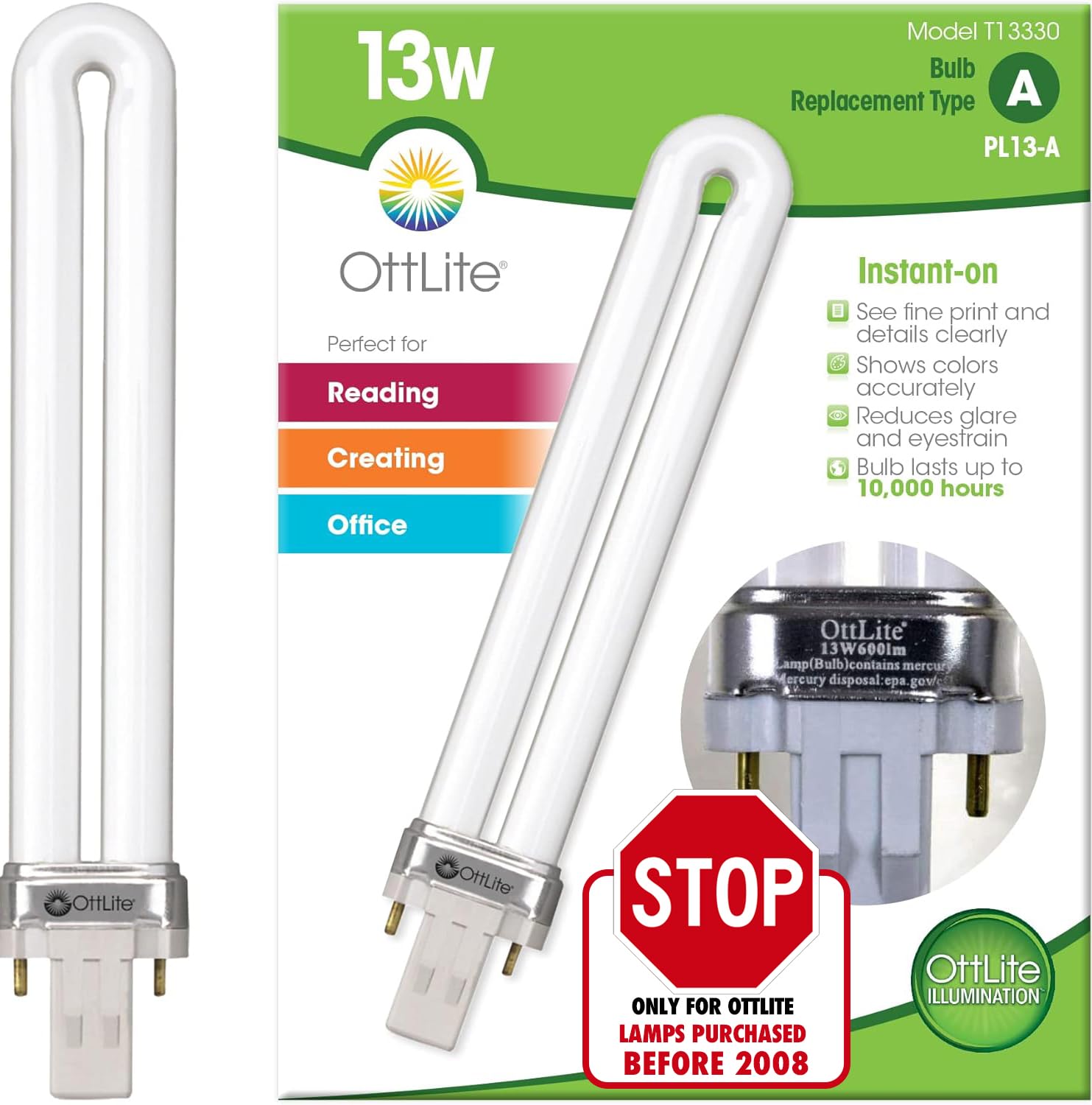 Ottlite 13W Replacement Tube Light Bulb With Magnetic Ballast Bulb - Compact Fluorescent Light Replacement For Lamps Purchased B