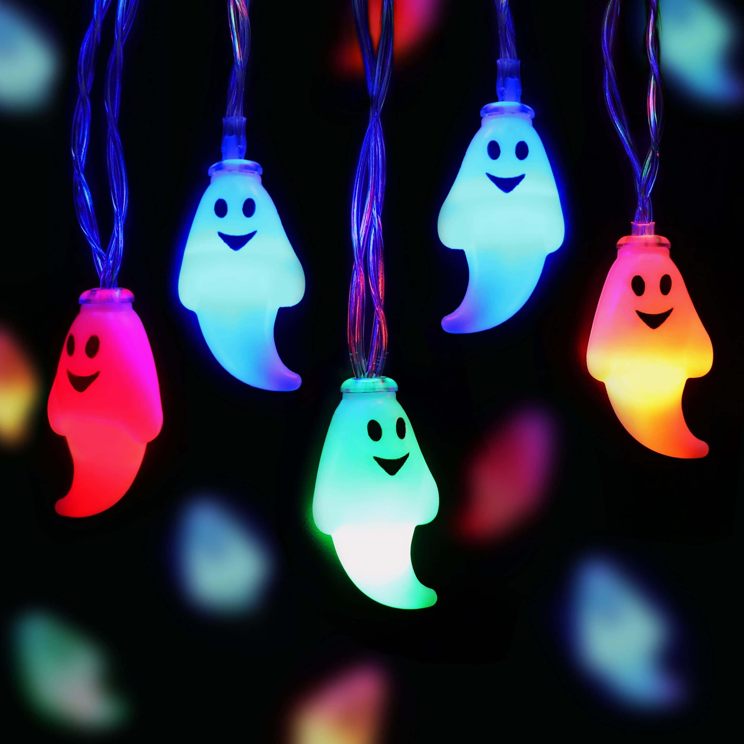 JMEXSUSS 30 LED Halloween String Lights, Battery Operated Ghost String Lights, Colorful Indoor Halloween Lights for Outdoor Party Porch Fireplace Halloween Decorations (Multicolor)