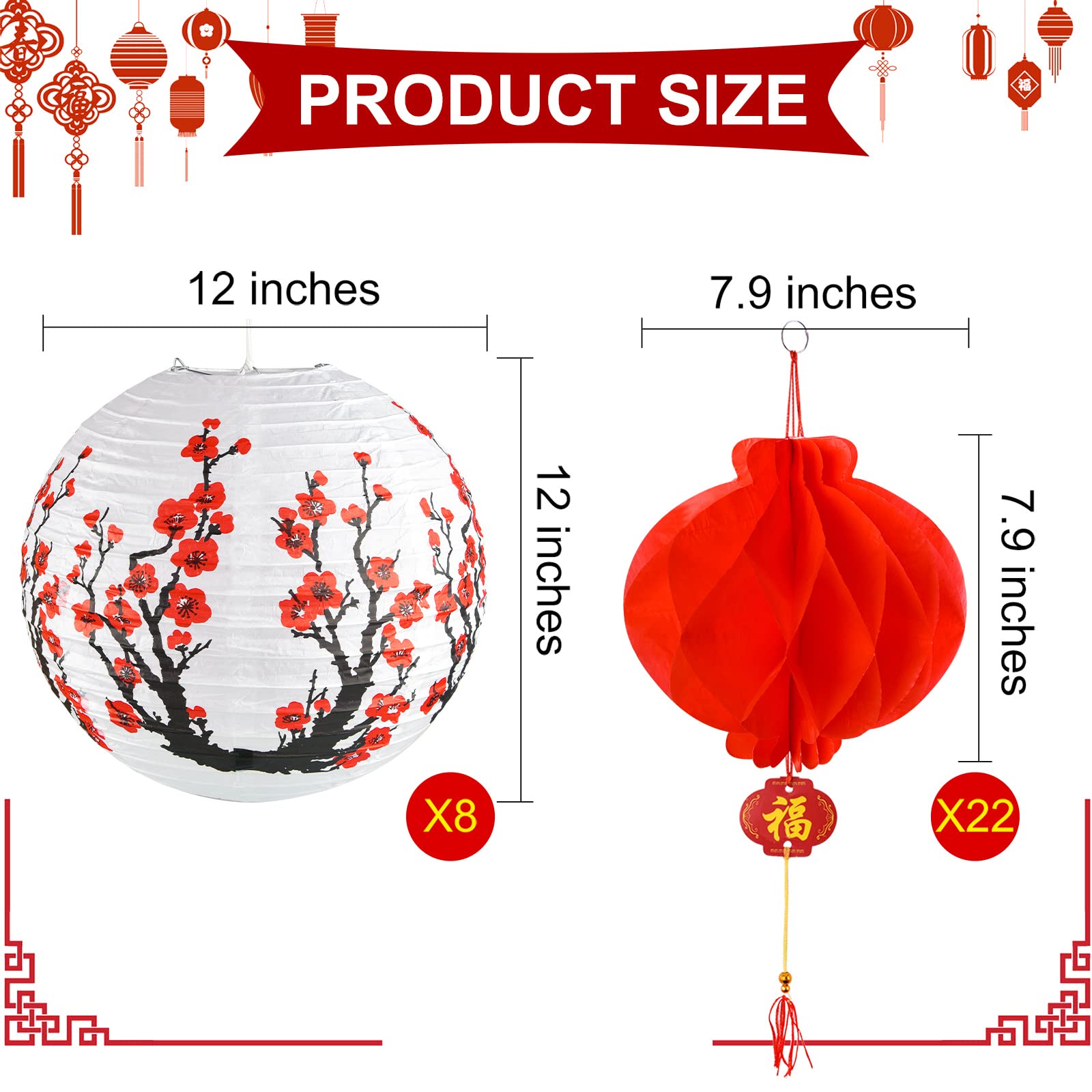 30 Pack Chinese Japanese Paper Lanterns Decoration With 12 Inch Cherry Blossom Hanging Paper Lanterns Lamp 7.9 Inch Chinese Red