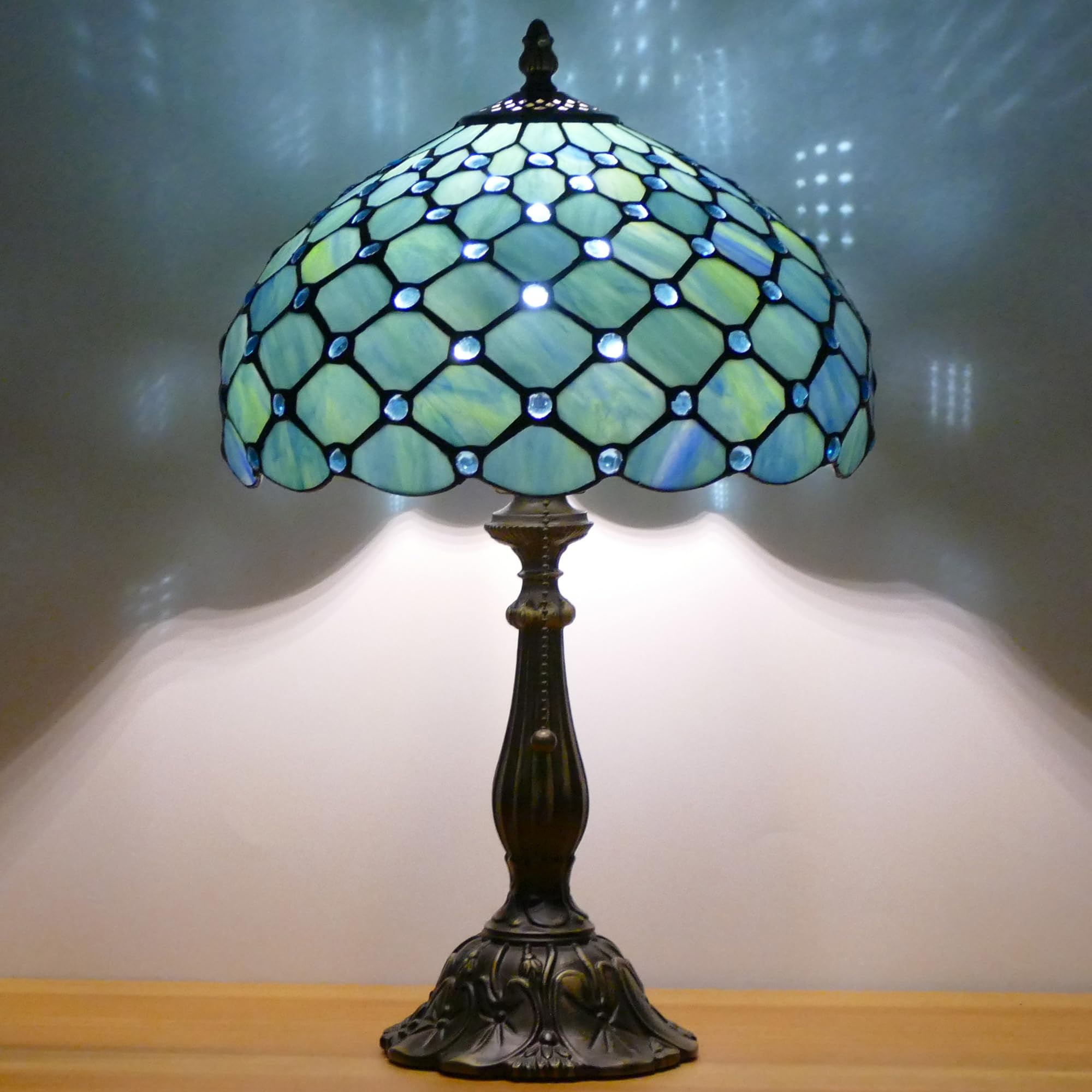WFAYNTIFL Tiffany Lamp Stained Glass Table Lamp Antique Bedside Reading Light W12H19 Inches (Sea Blue Pearl)