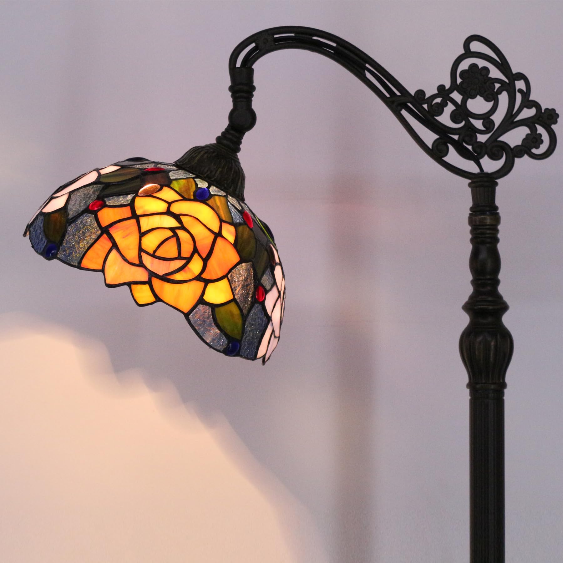 Avivadirect Tiffany Floor Lamp Stained Glass Orange Red Rose Arched Reading Light Gooseneck Adjustable Corner Standing Lamp 10X1