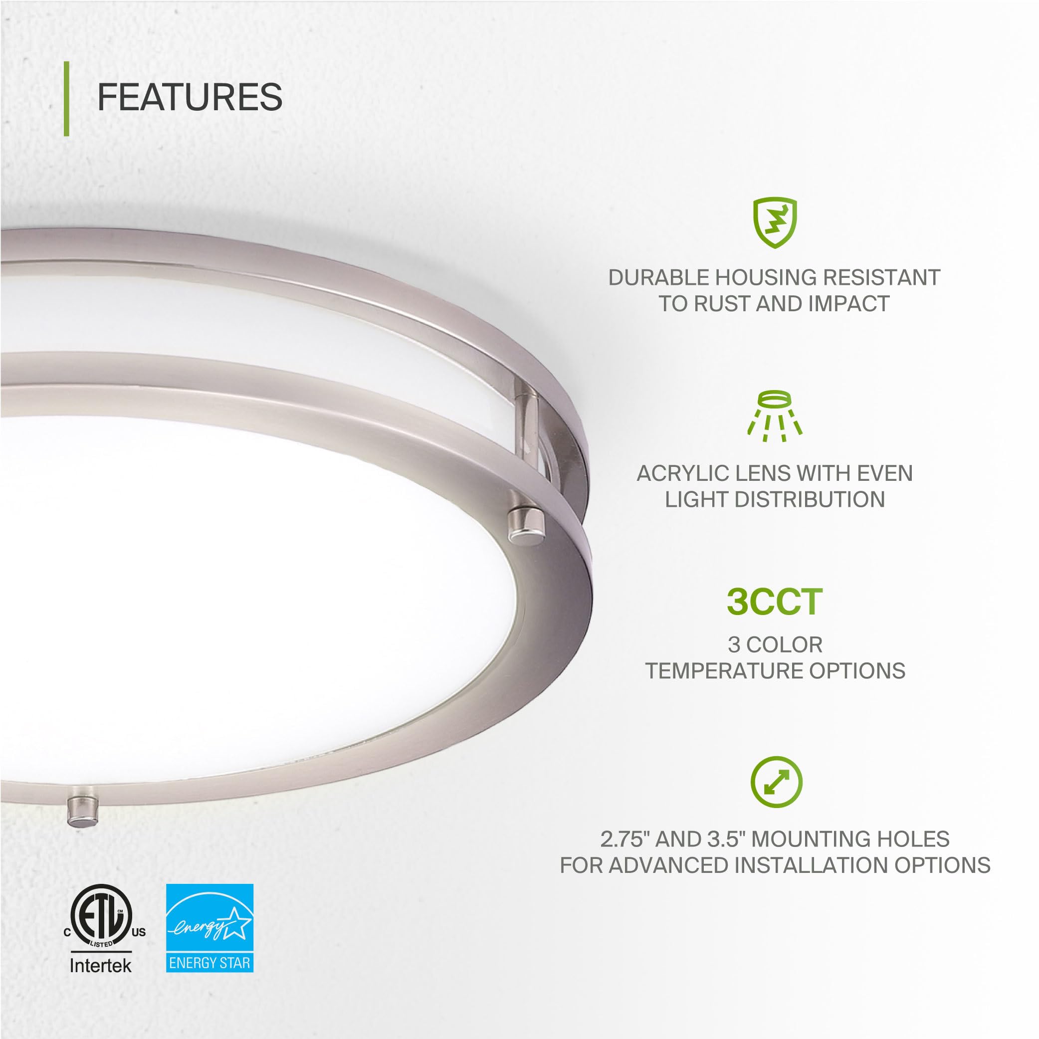 ASD LED Round Flush Mount Light Fixture 21W 1700LM 3000K-5000K 14 Inch Brushed Nickel Model A-LFMDR-14D21CCNK