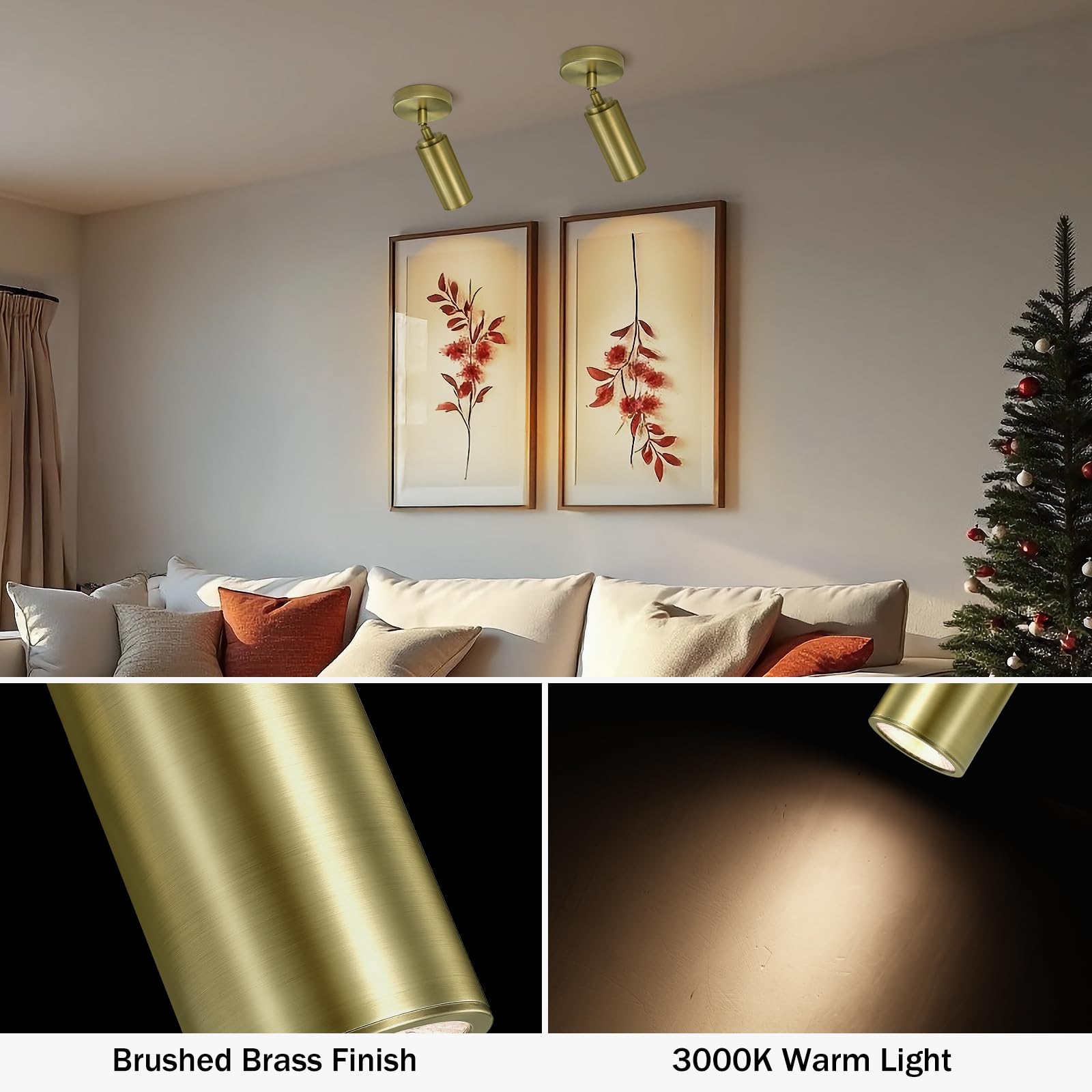 Brass Ceiling Spotlight, Hardwired Led Spot Lights, Flush Mounted Directional Indoor Spotlight Fixtures, Adjustable Monopoint Sp