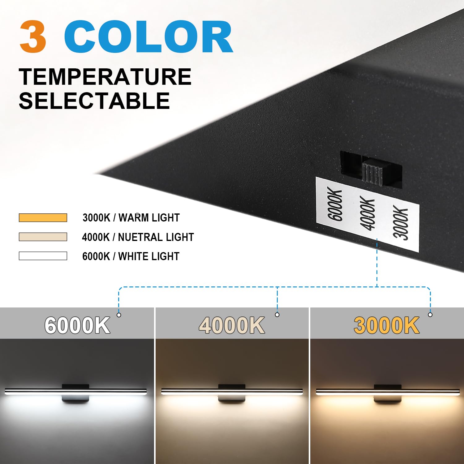 Sinerise Led Modern Bathroom Vanity Light Bar (48-Inch, 3000K/4000K/6000K), Matte Black Dimmable Modern Acrylic Bathroom Wall Li