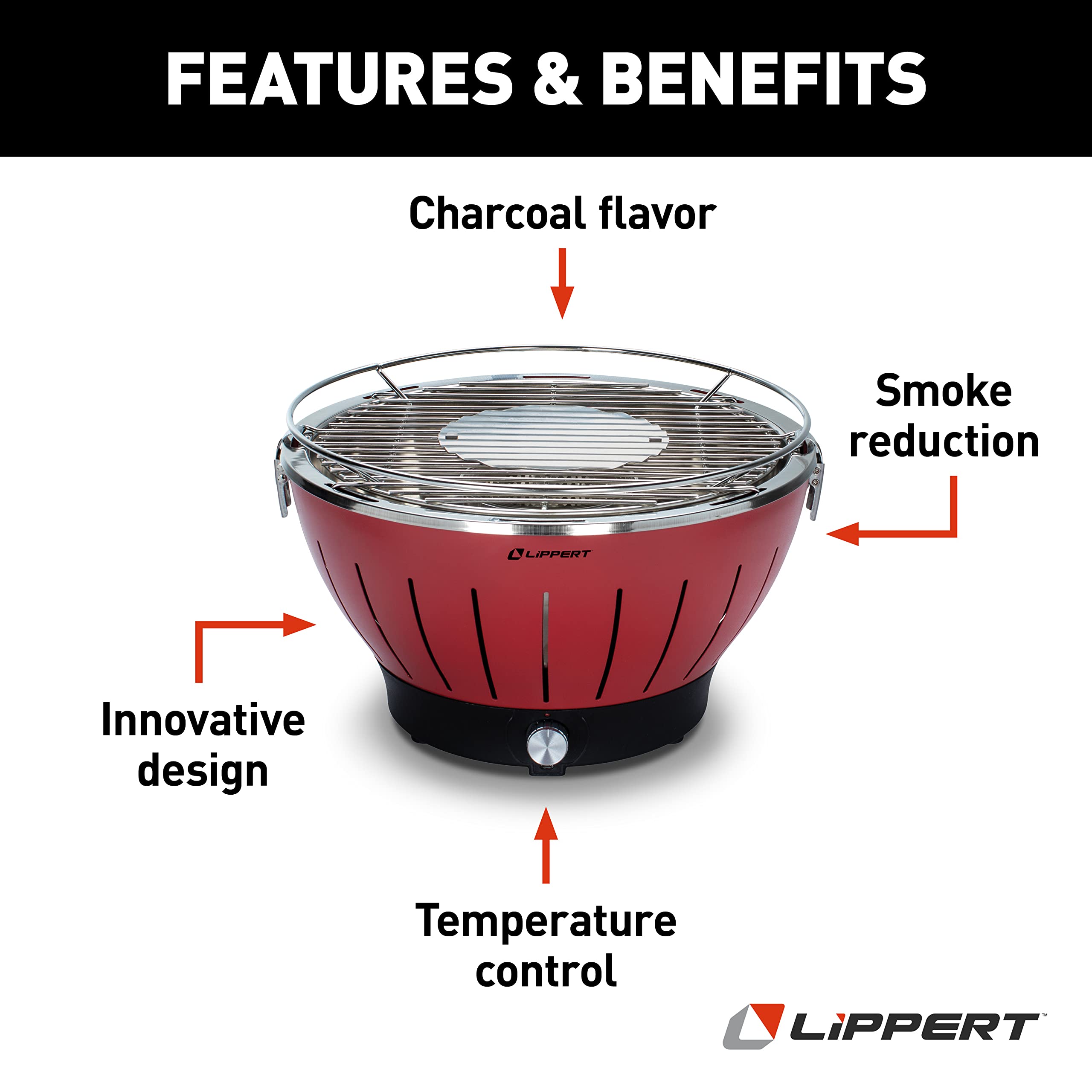Lippert Odyssey Portable Charcoal Grill - Compact, Durable, Large Cooking Surface, Standard Size, Red, Model 2021106515