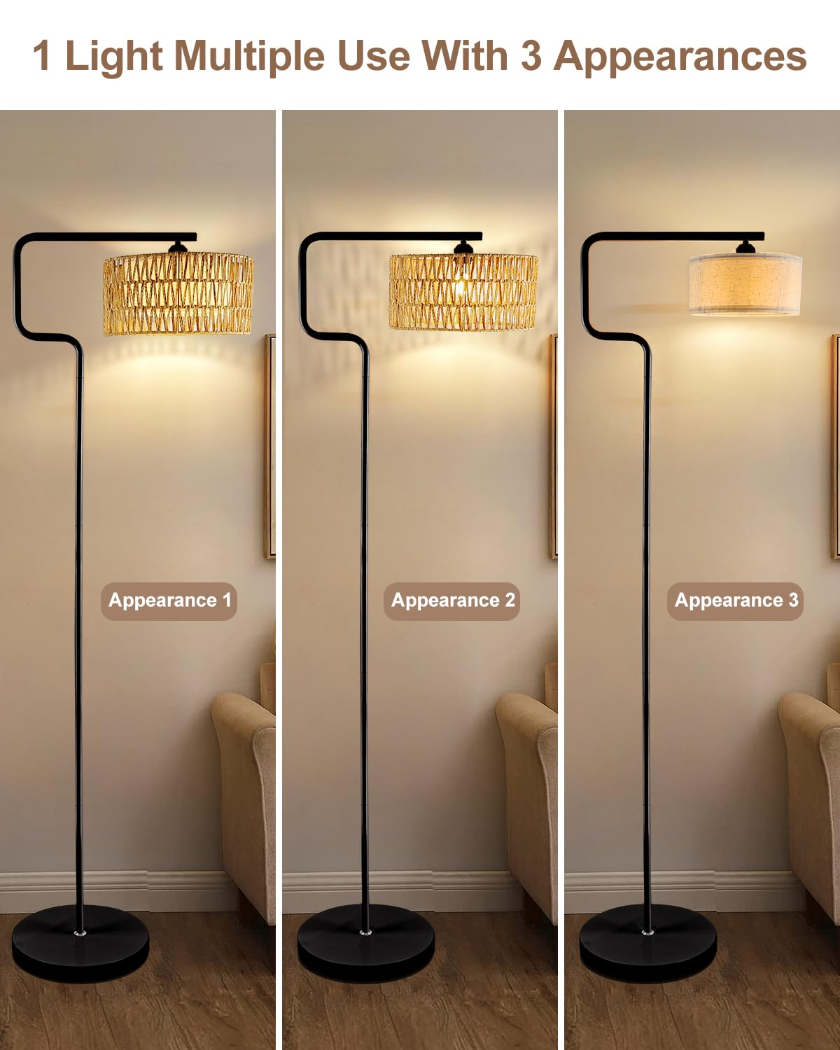 Lightdot 62In Rattan Floor Lamps For Living Room, Boho Standing Lamp With Rattan& Linen Double Shades, Arc Standing Floor Lamps,