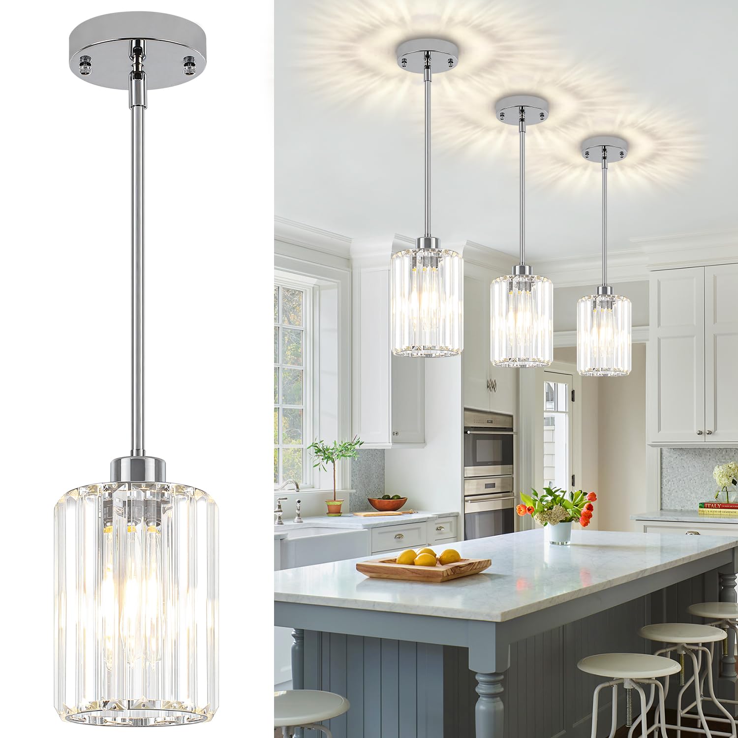 Zsmihdoh Chrome Pendant Lights 3 Pack Crystal Pendant Lighting For Kitchen Island  Modern Mini Kitchen Chandeliers Hanging Pendant Lights For Bedroom Dining Room Hallway