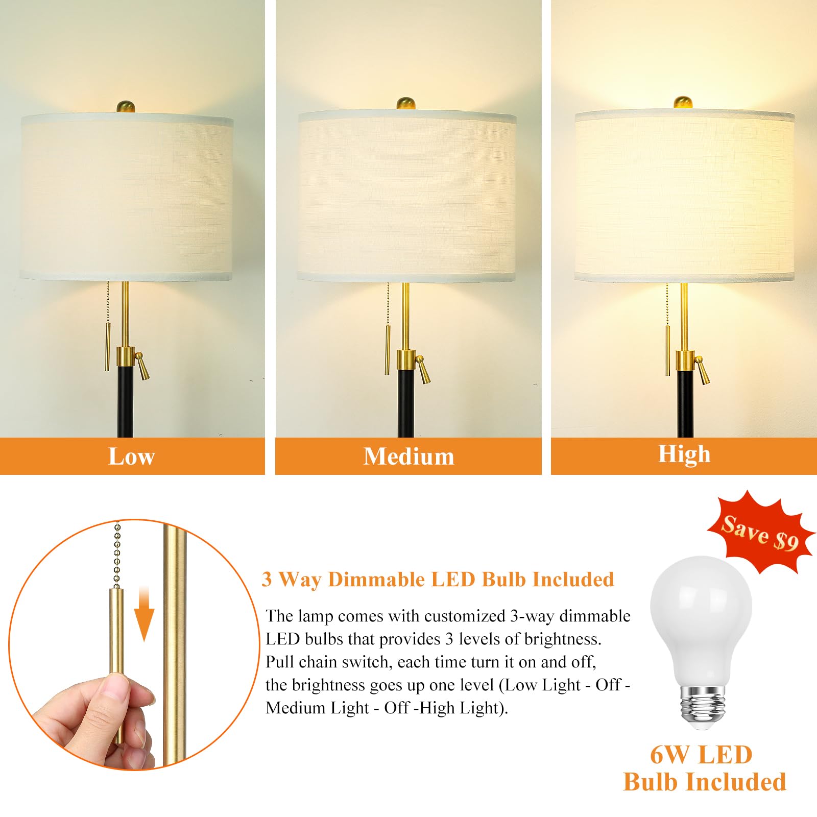 Floor Lamp For Living Room Adjustable Tall Standing Lamp, 3-Way Dimmable Floor Lamp For Bedroom Office, Black Gold Lamp With Mar