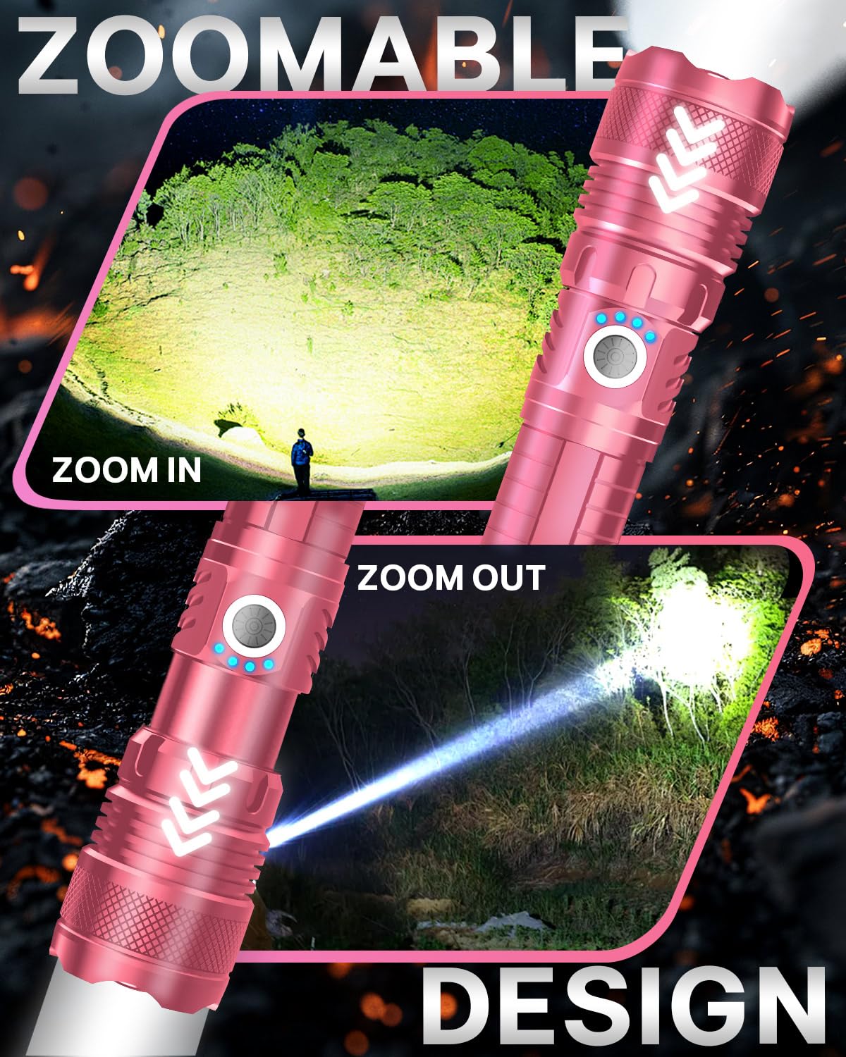 Victoper Pink Led Flashlights, High Powered High Lumens Super Bright Tactical Flashlight, Rechargeable, 5 Modes Zoomable Waterpr