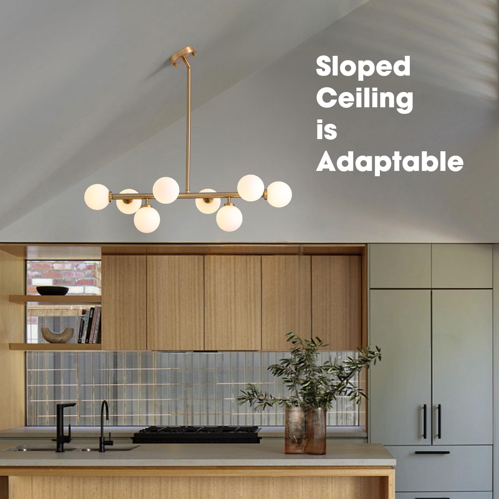 7Pmbeane Modern Linear Chandelier, Mid Century Gold Brass Sputnik Pendant Light With White Glass Lampshade,8 Lights Globe Rectan