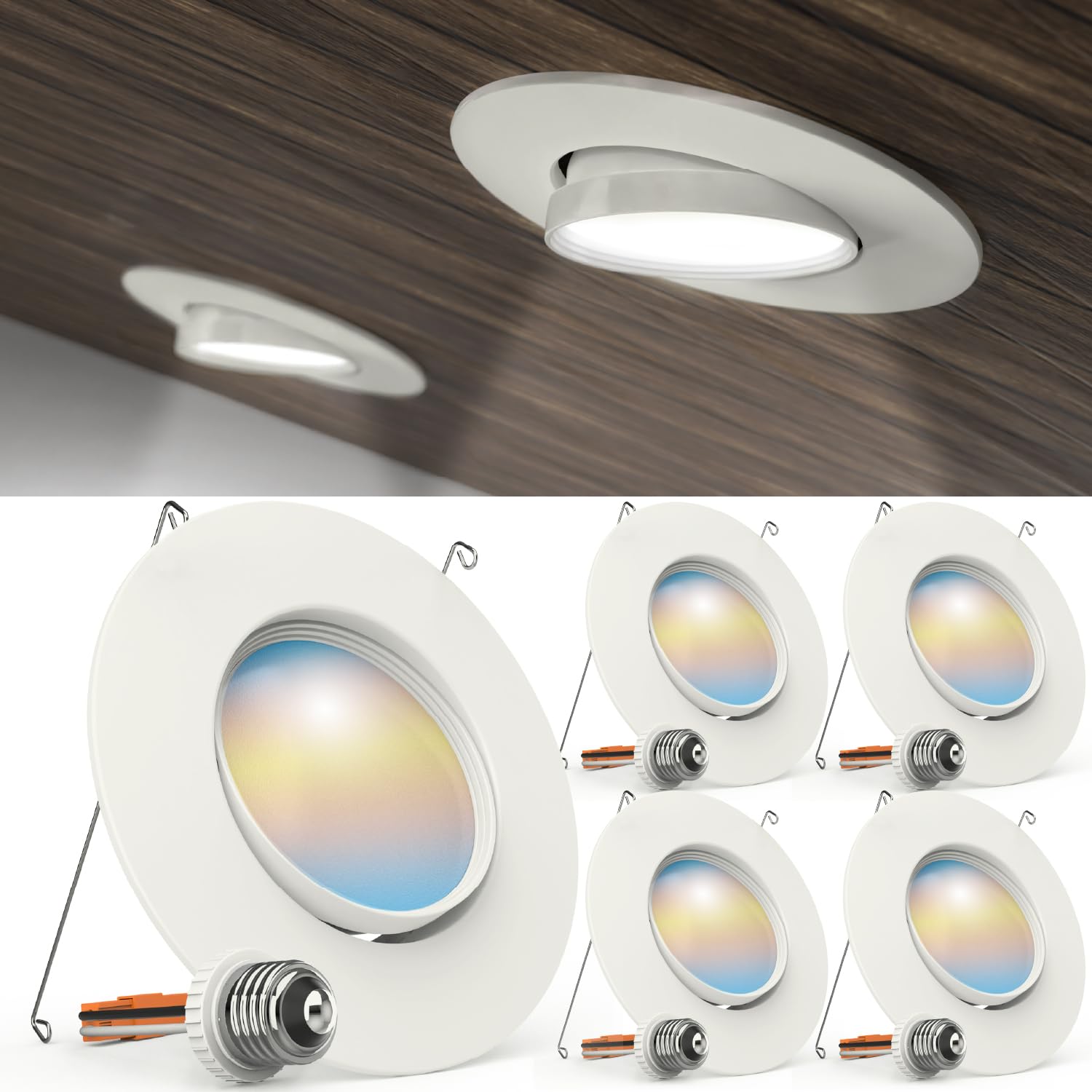 Sunco 4 Pack LED Can Lights Eyeball Retrofit Gimbal 5/6 Inch Recessed Lights 12W=60W, 5 Colors 2700K/3000K/3500K/4000K/5000K, 80