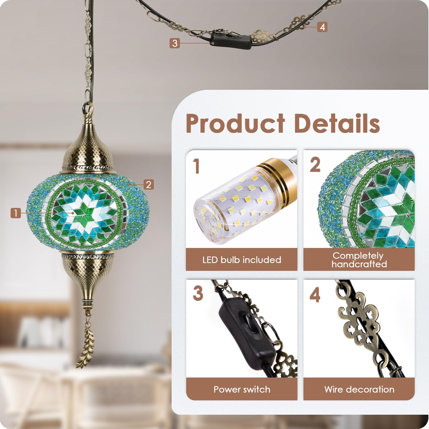 Yarra-Decor Turkish Moroccan Pendant Light - Tiffany Style Mosaic Ceiling Lamp, 15-Foot Cord, Green1, Model Ptr-1A-Gr1