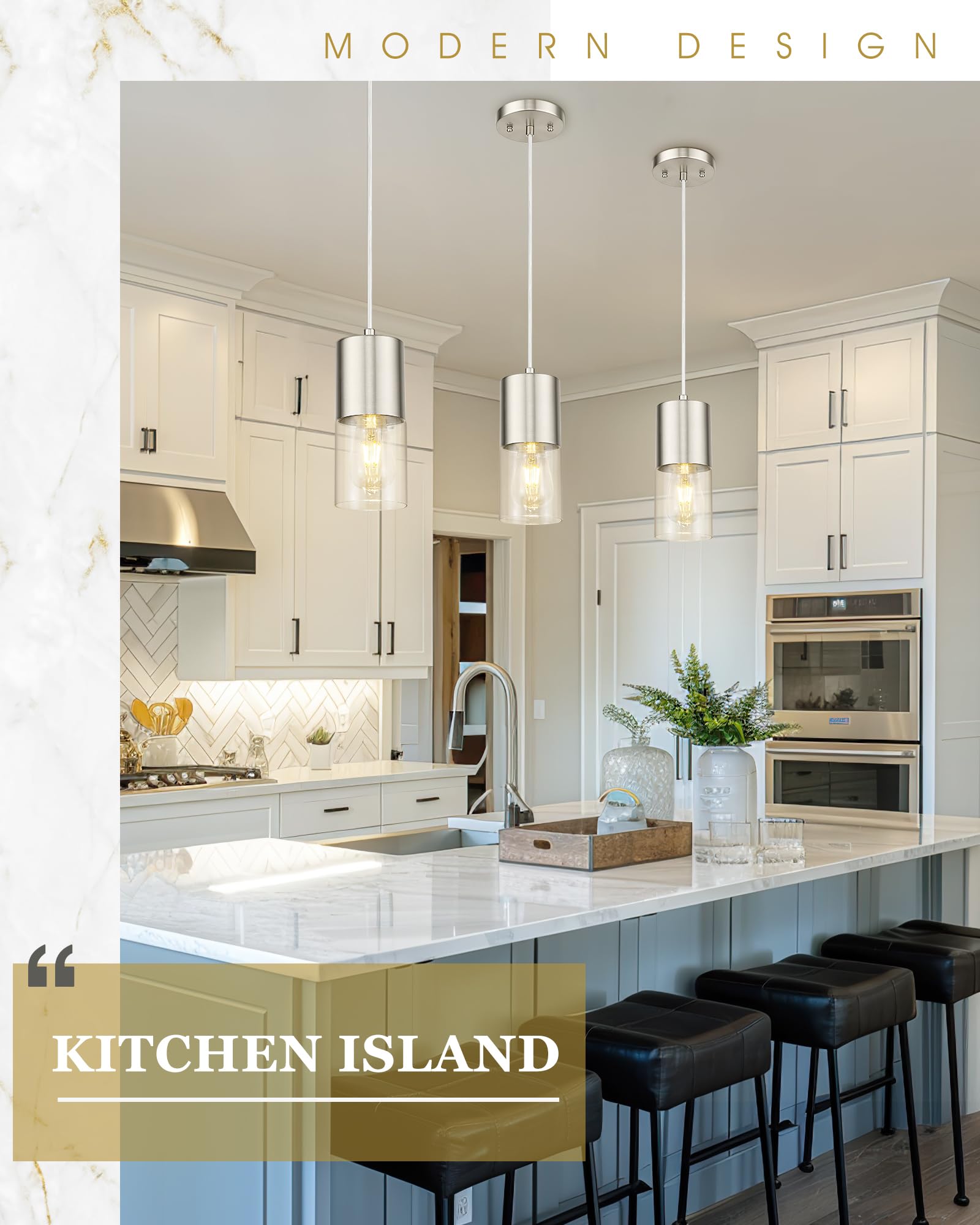 Audickic Pendant Lights Kitchen Island  Brushed Nickel Hanging Lights Fixtures With Cylinder Clear Glass  Modern Kitchen Pendant Lighting Over Island For Dining Room  Ad-24023-1P-Sn