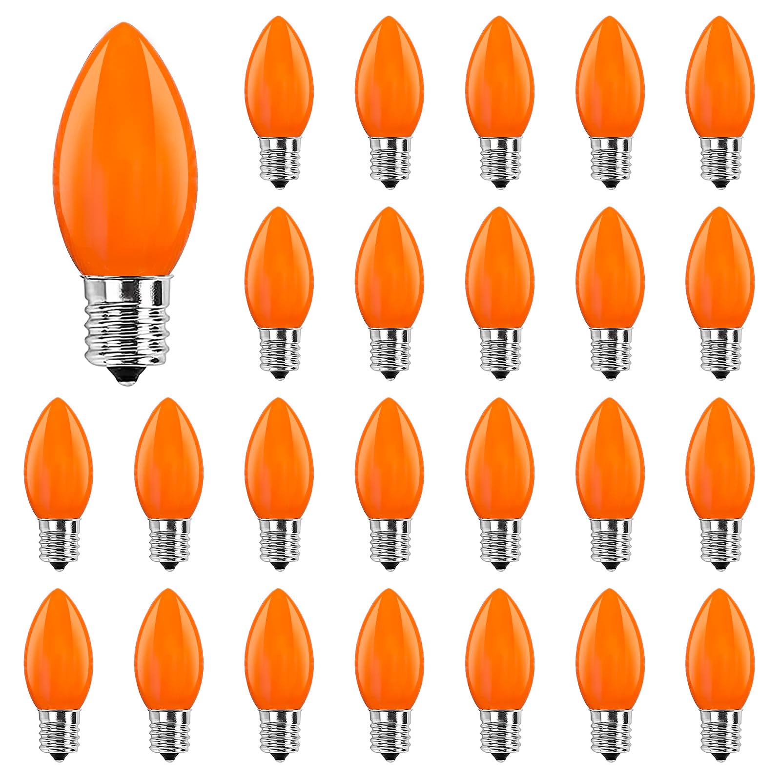 Abeja 25 Pack C9 Halloween Replacement Light Bulbs  Orange Ceramic Christmas Lights for Halloween Outdoor Patio Indoor Xmas String Lights  C9/E12 Candelabra Base  7 Watt  Orange